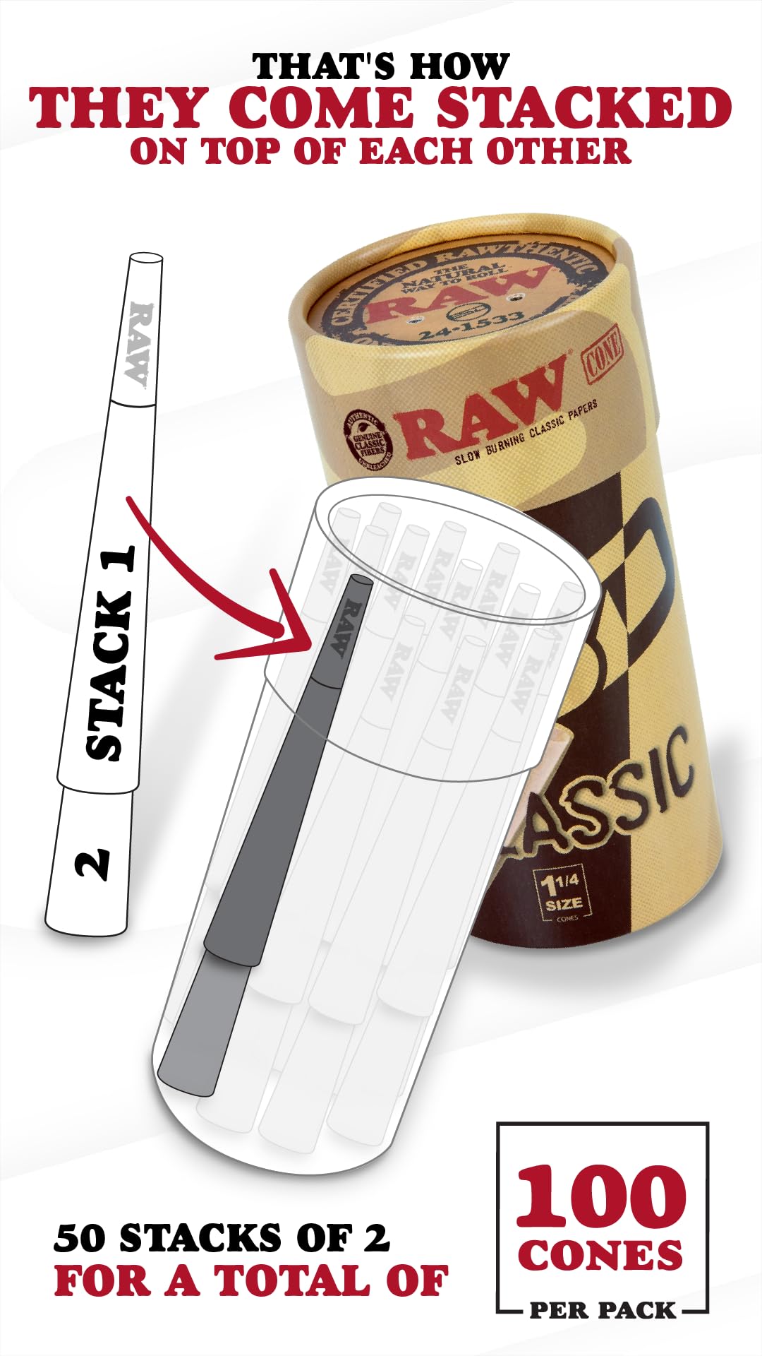 RAW Classic 1-1/4 Slow Burning Pre-Rolled Cones - 100 Pack with Tips & Packing Tubes Included