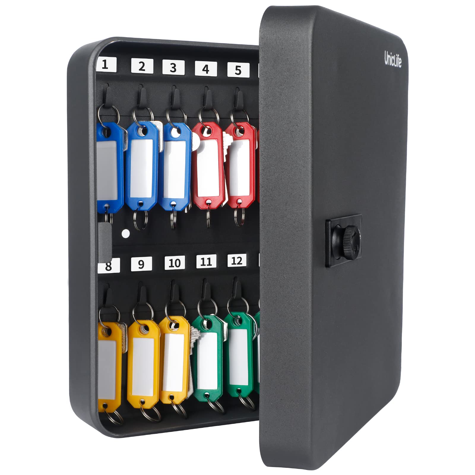 Uniclife 28 Position Key Cabinet with Combination Lock Resettable Black Digital Security Storage Box Steel Key Organizer with Colorful Key Tag Labels Stickers and Hooks