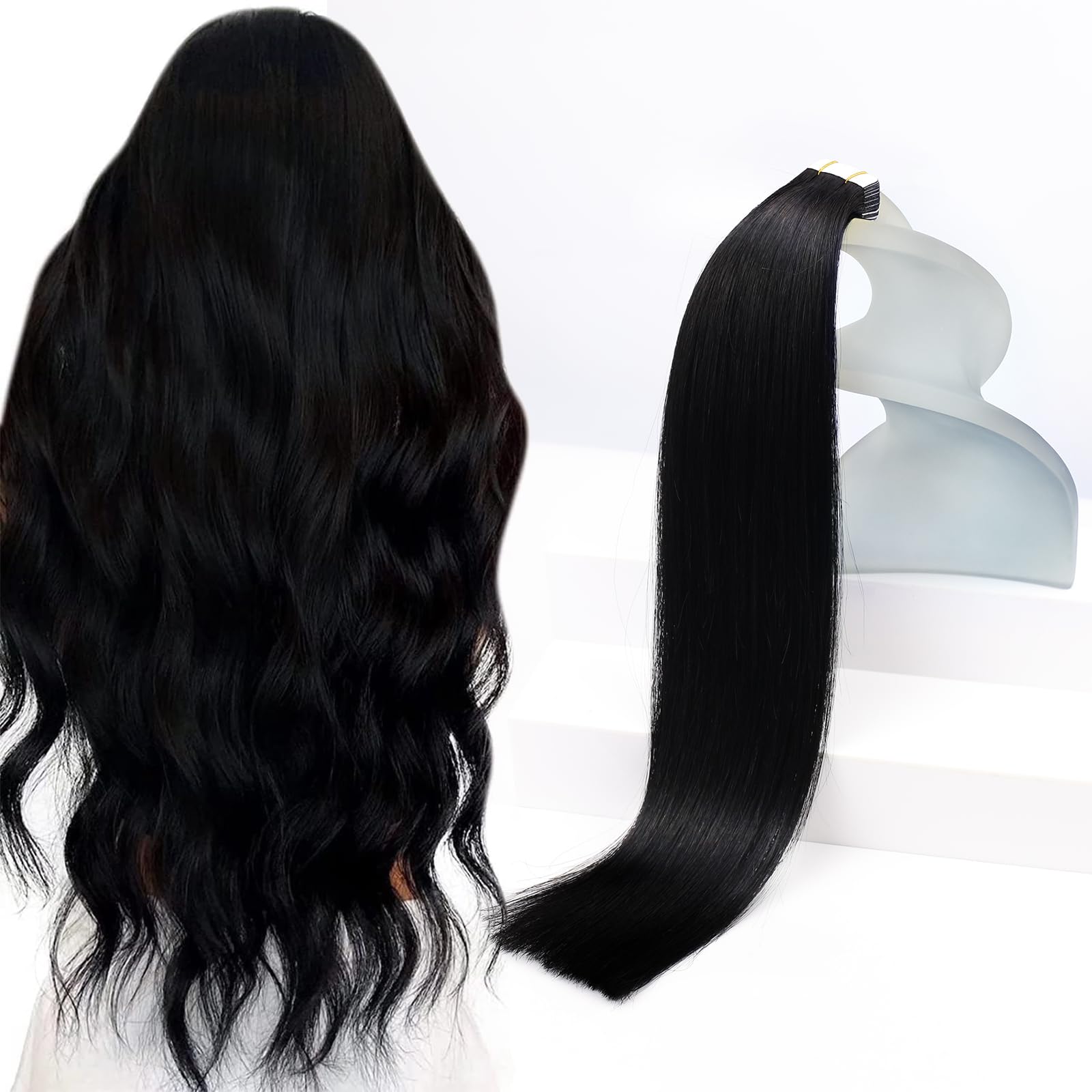 Sunny Hair Tape in Hair Extensions Real Human Hair Invisible Remy Hair Extensions Tape ins for Women Jet Black 22 inch 20Pcs 50G