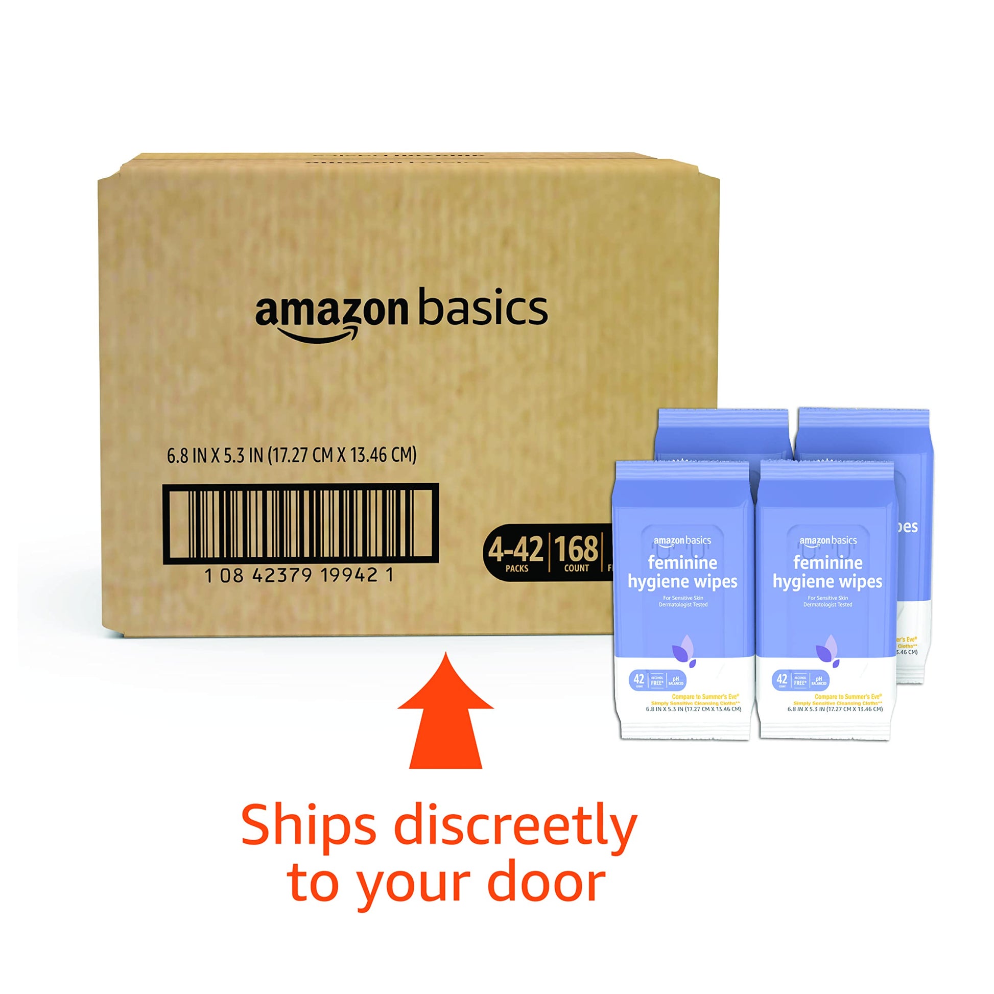 Amazon Basics Feminine Hygiene Wipes, Alcohol Free, pH Balanced, Gynecologist Tested, Fresh Scent, 168 Count (4 Packs of 42)