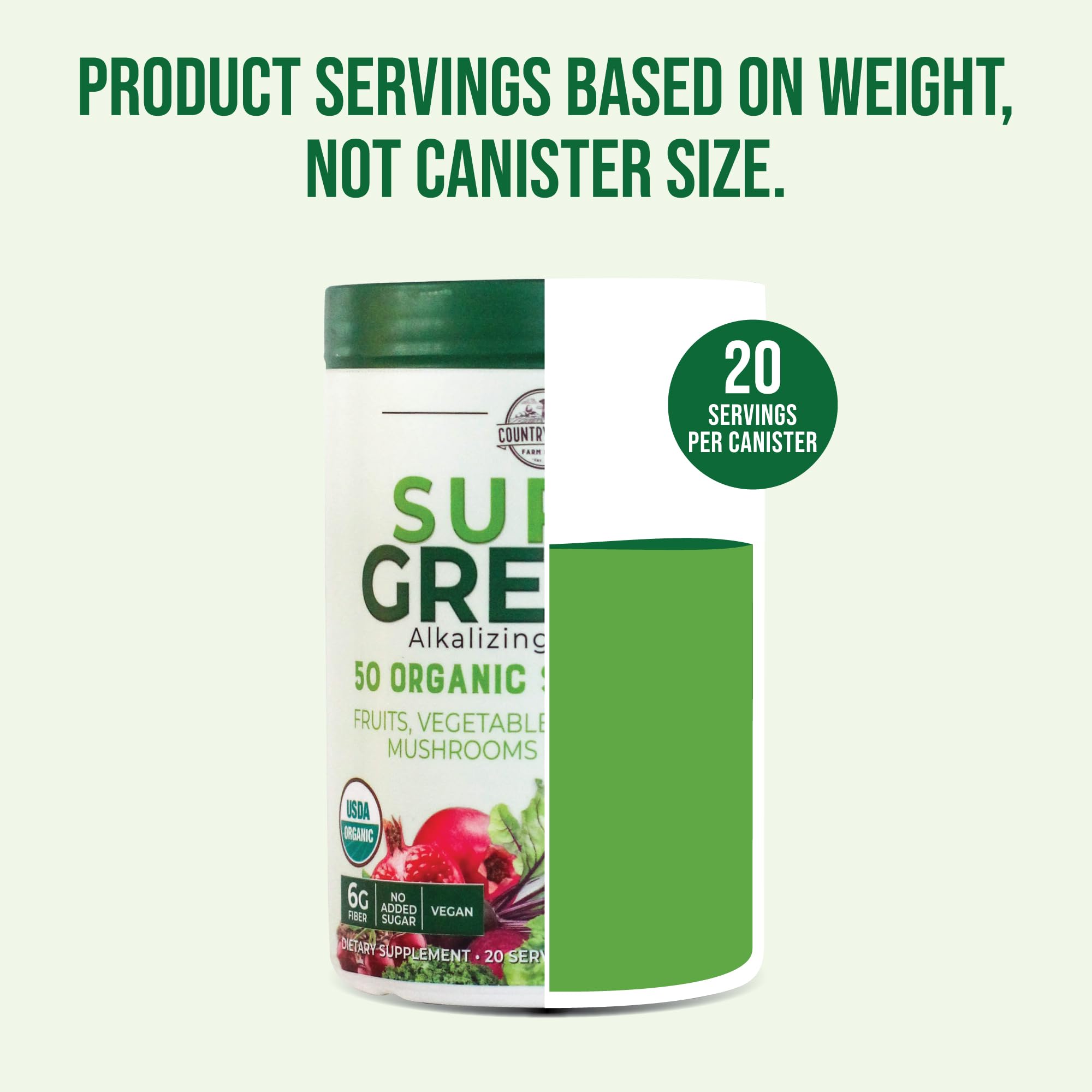 COUNTRY FARMS Super Greens Natural Flavor, 50 Organic Super Foods, USDA Organic Drink Mix, Fruits, Vegetables, Super Greens, Mushrooms & Probiotics, Supports Energy, 20 Servings, 10.6 Oz