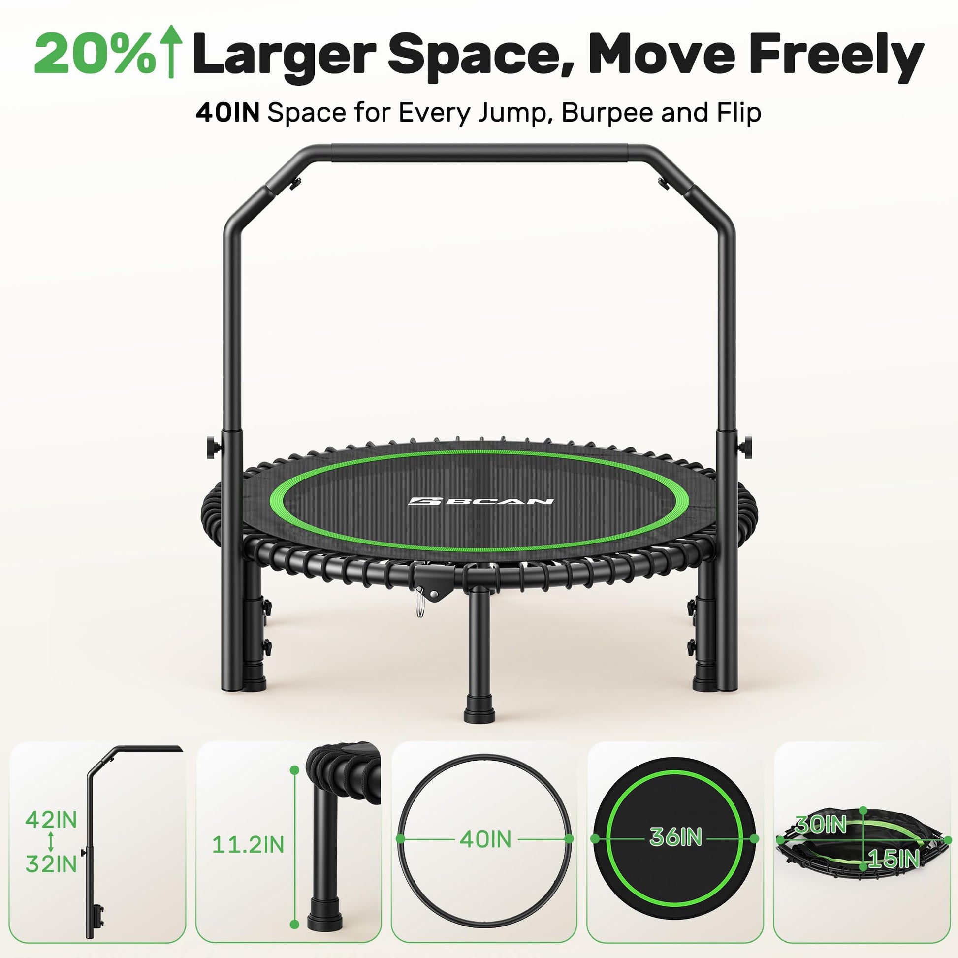 BCAN Adult Mini Trampoline, 40" Fitness Trampoline with Bungees, U Shape Adjustable Foam Handle, Stable & Quiet, Indoor Outdoor Workout-Green