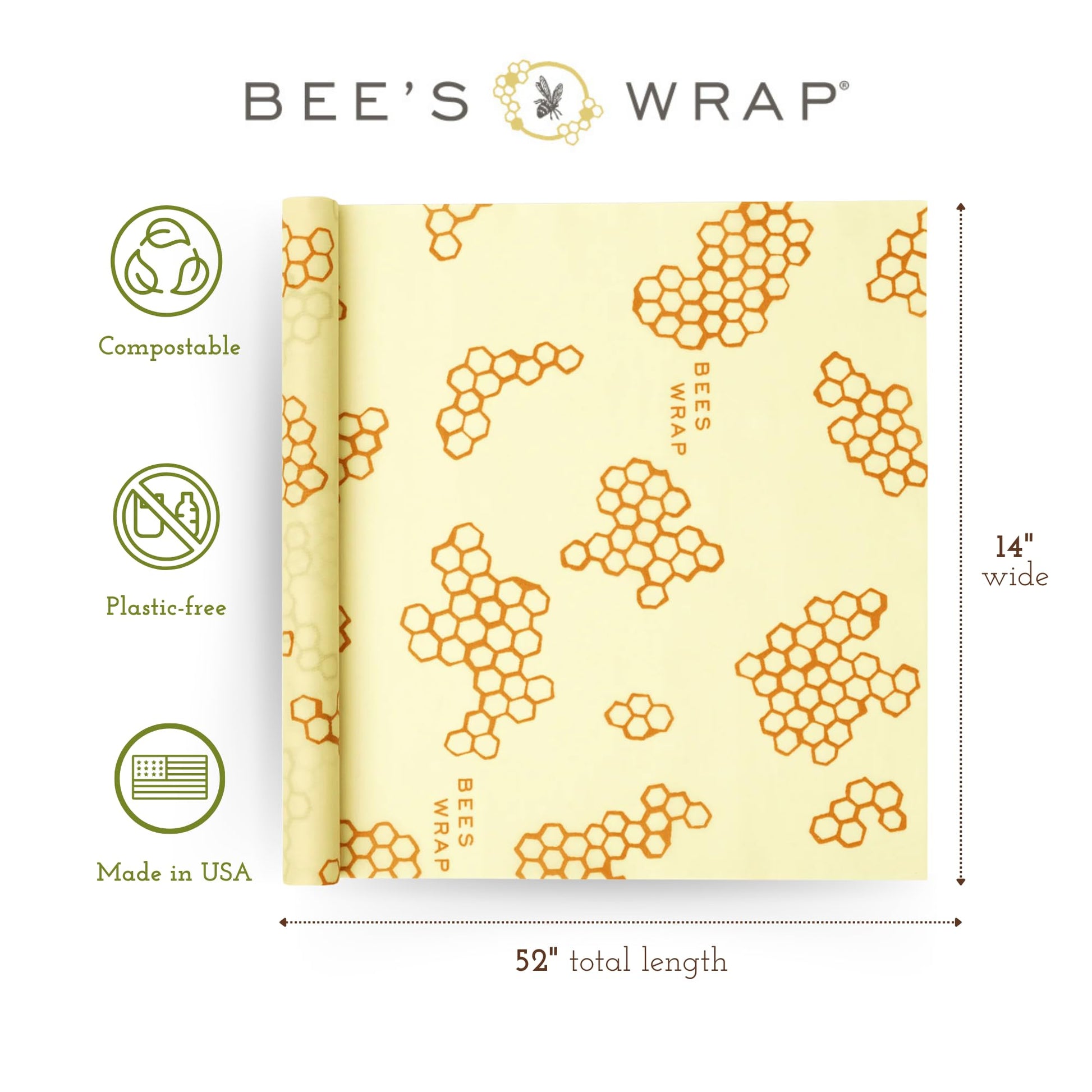 Bee's Wrap Beeswax Wraps for Food - Honeycomb Cut to Size 14x52" Wax Paper Roll - Made in USA Reusable Waxed Paper & Bowl Covers - Organic & Eco-Friendly Alternative to Aluminum Foil & Plastic Wrap