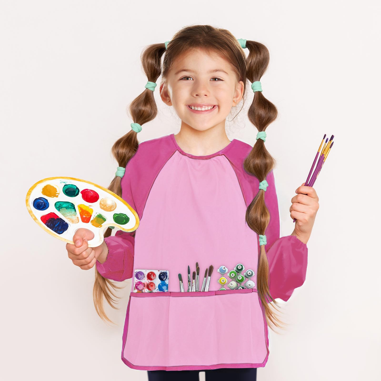 Kids Art Smock, Kids Painting Apron, Waterproof Children Artist Smock with Long Sleeve with 3 Pockets for Toddlers Age 2-6 (Pink)
