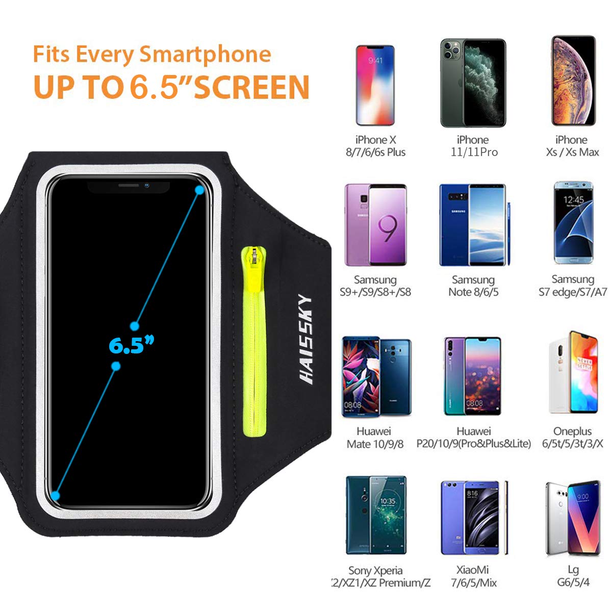 Running Armband with Earphone Bag Cell Phone Armband for iPhone 16 15 Pro 14 Plus 13 11 XR XS, Galaxy S24/S10 Water Resistant Sports Phone Holder Case & Zipper Slot Car Key Holder for 6.7 inch Phone
