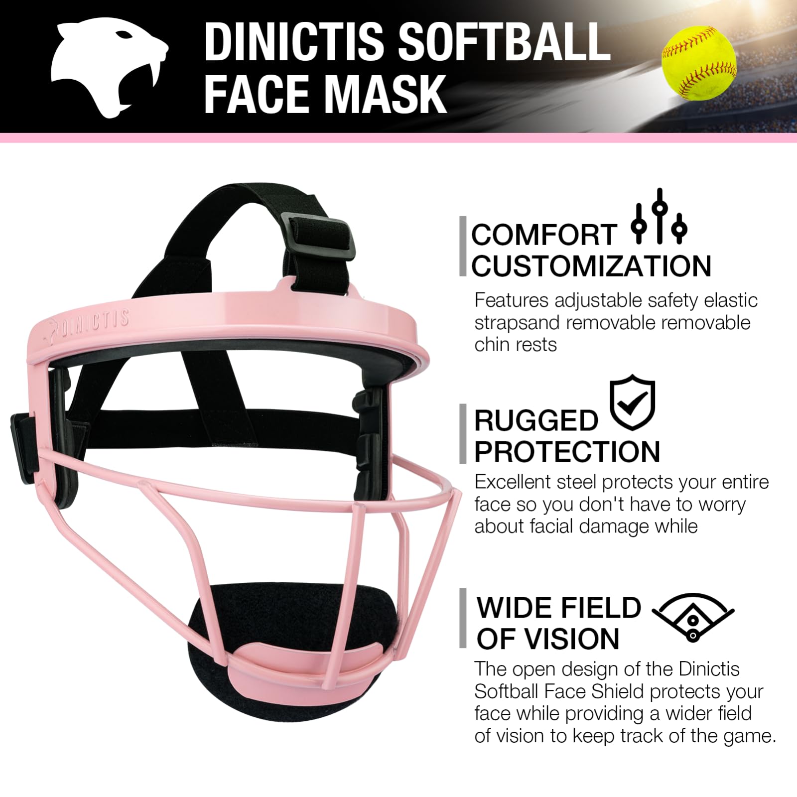Dinictis Softball Face Mask, Lightweight, Comfortable, with Wide Field Vision, Durable and Safe Face Guards, Premium Protective Softball Fielder's Mask-Pink-Youth(M)