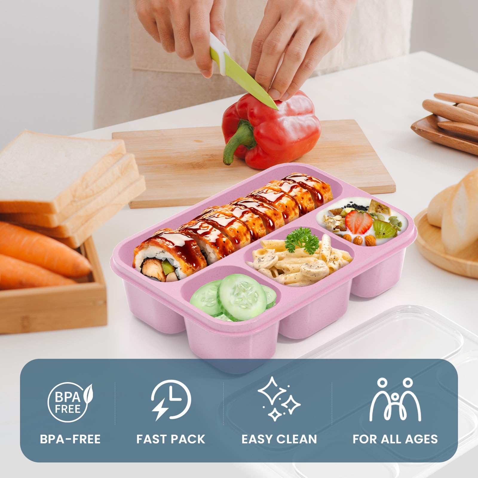 KHOXU Snackle Box Container, 4-Compartment Bento Lunch Box for Kids Women Men Adults, 44Oz/1300ML Meal Prep Boxes Reusable with 2 Sauce Containers & Utensils, 4 Pack (Wheat)