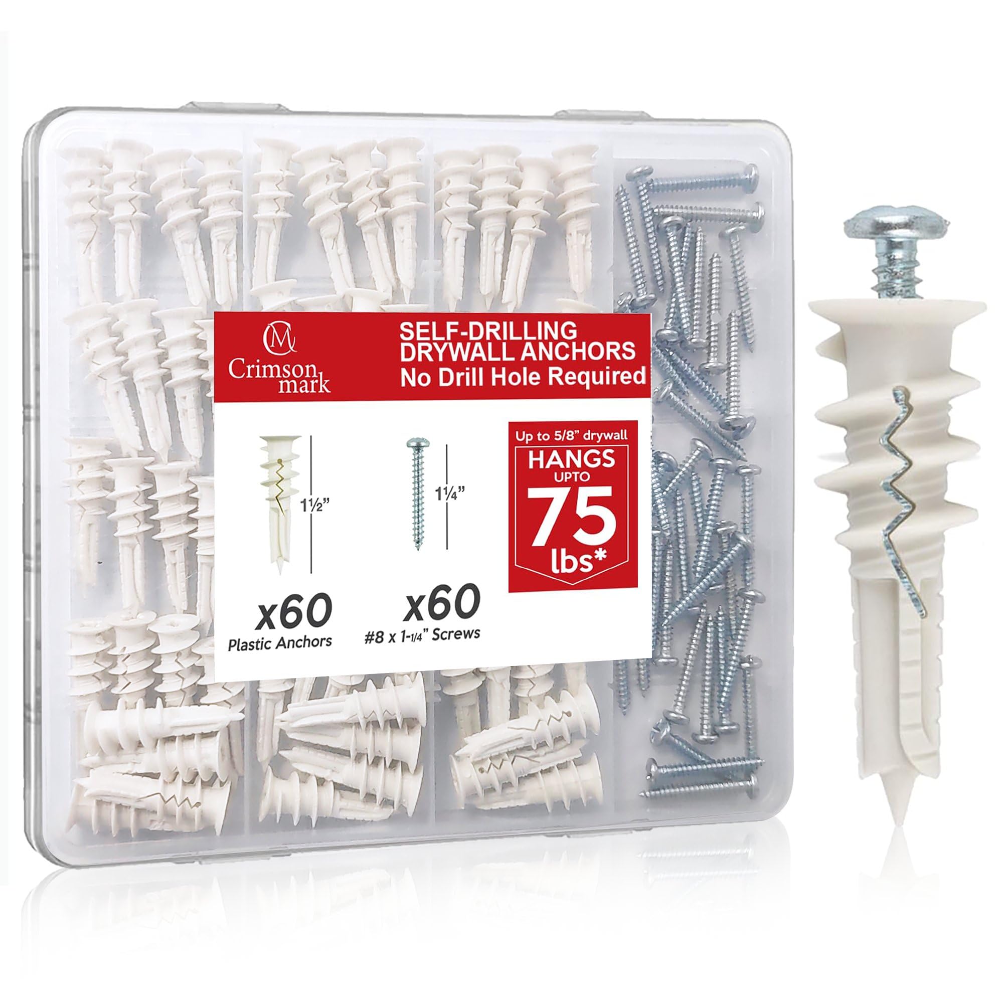 CrimsonMark 120Pcs #8 Self Drilling Drywall Anchors and Screws kit #8 x 1-1/4"- Superb Wall Anchors for Drywall, Holds Upto 75lbs - No Drill Hole Required with These Dry Wall Screws and Anchors