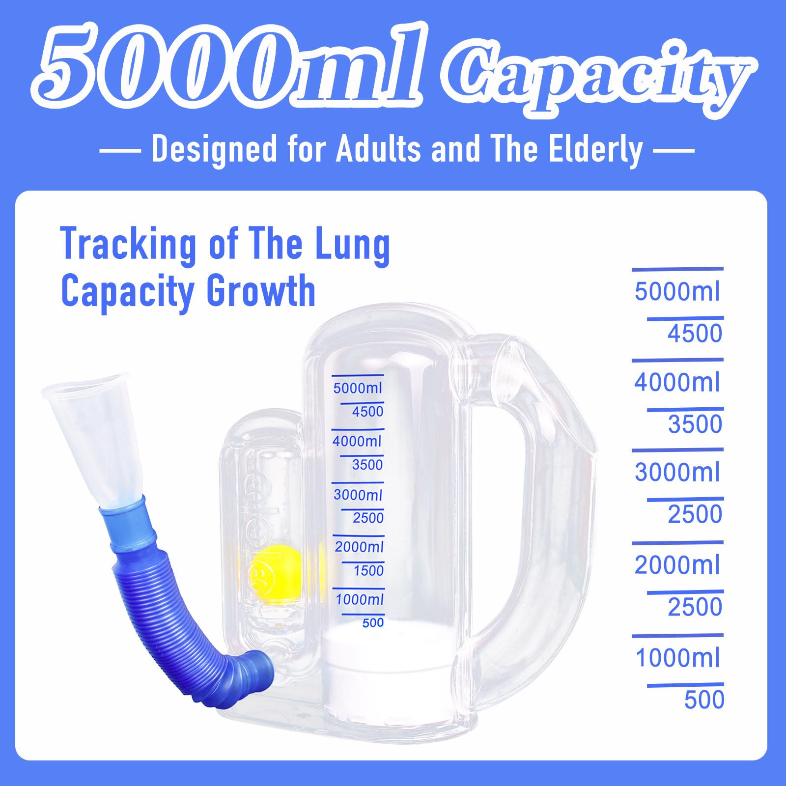 Incentive Spirometer Adult,Breathing Exercise Device for Lungs,Deep Breathing Trainer for Children and Adult,5000ml Volume Measurement with Flow Rate Indicator.