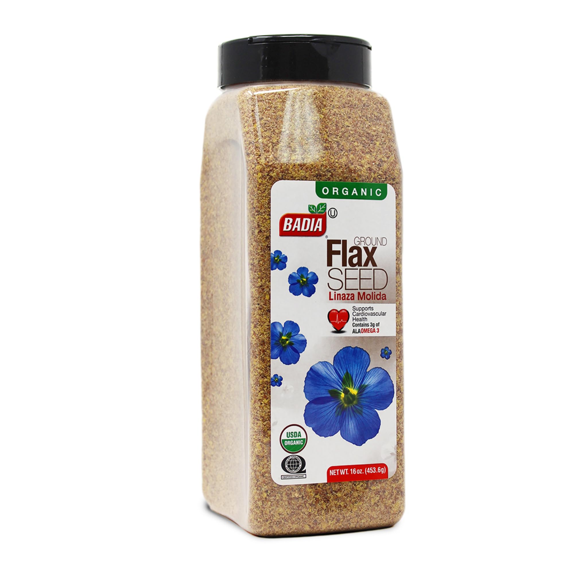 Badia Organic Ground Flax Seed, 16 oz - Superfood High in Fiber & Omega-3, Certified Organic, Non-GMO, Baking, Smoothies & Cooking