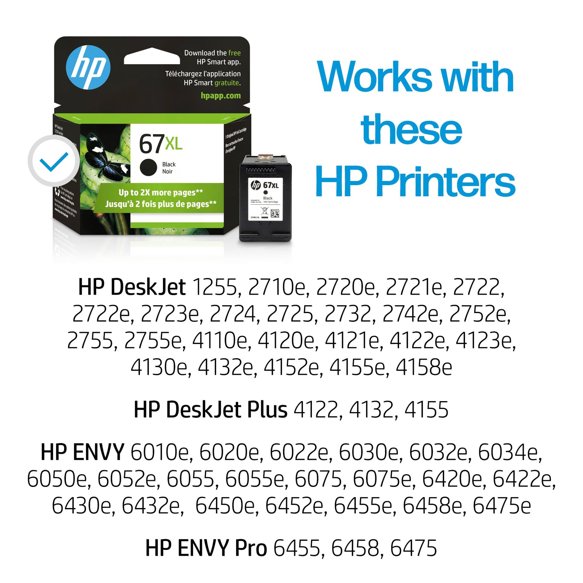 HP 67XL Black High-yield Ink Cartridge for HP Printers | Works with Printer Series: DeskJet 1255, 2700, 4100, ENVY 6000, 6400 Series | Eligible for Instant Ink | 3YM57AN