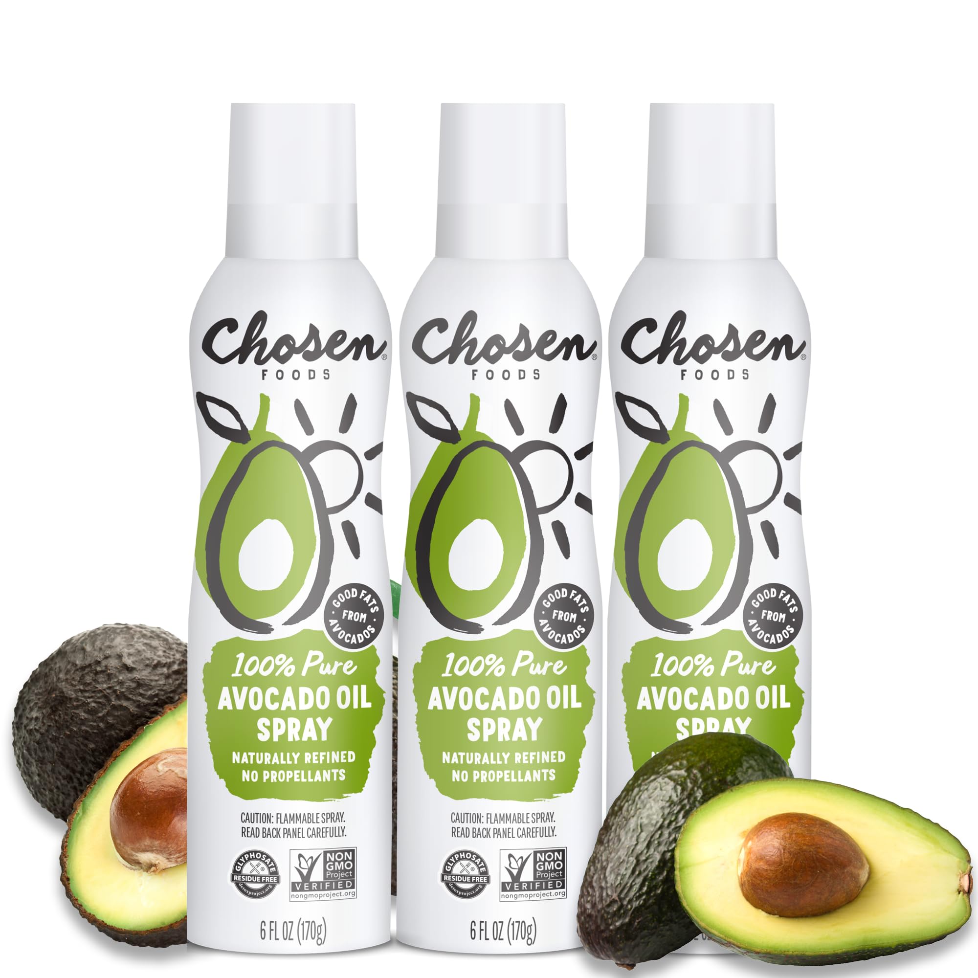 Chosen Foods 100% reines Avocadoöl-Spray, ketofreundlich, koscheres Kochspray zum Backen, Braten und Frittieren bei hohen Temperaturen (177 ml, 3er-Pack)