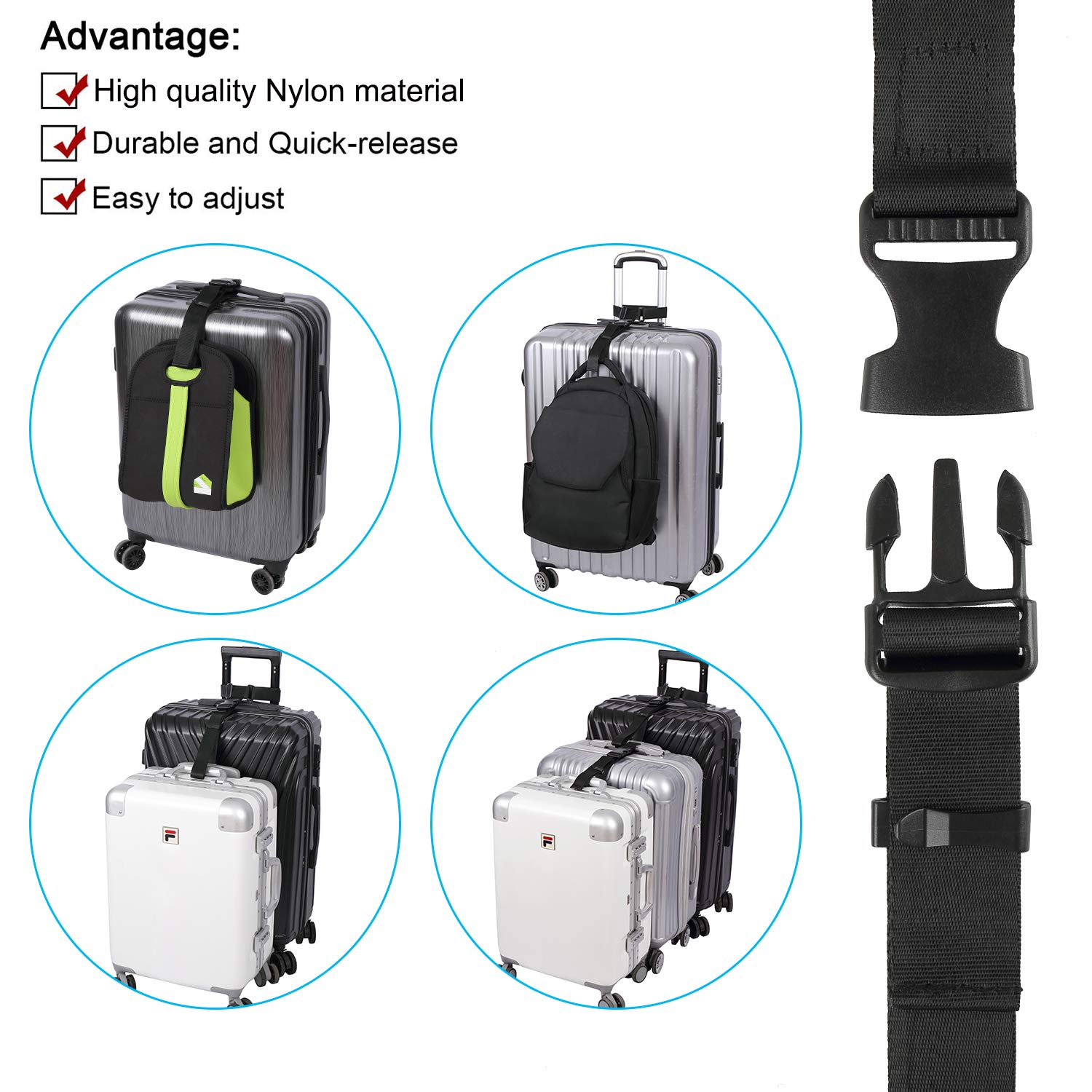 Vigorport Luggage Connector, Straps for Suitcase, Add A Bag Adjustable Attachment Accessories 1.25" Endless for Connect Your 3 Luggage Together-2 Pack Black-Extended Size