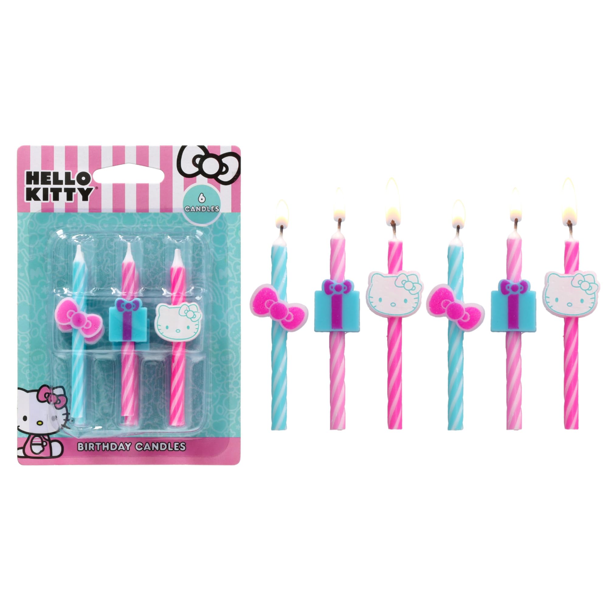 Hello Kitty Geburtstagskuchenkerzen | 6 Geburtstagskerzen für Tortendekorationen, pink & blau gestreifte Kerzen, Cupcake-Topper für die Hello Kitty Party