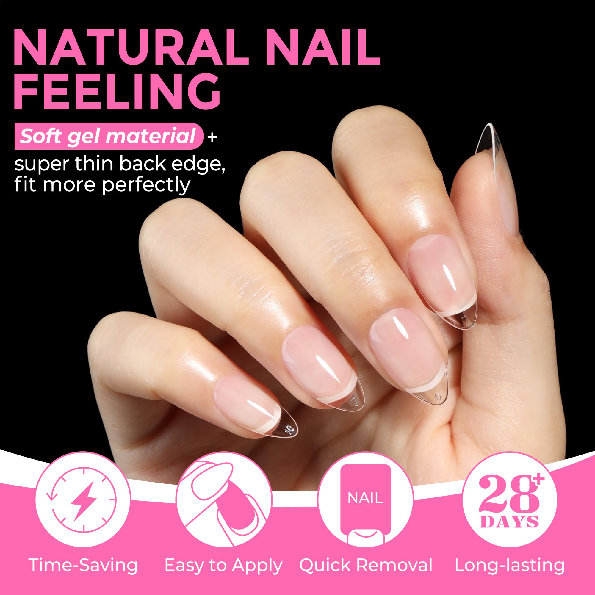 UNA GELLA Short Almond Fake Nails 216pcs Pre-shape Gel Acrylic Nail Tips for Full Cover Nail Extension Home DIY Nail Salon 12 Sizes Gelly Tips