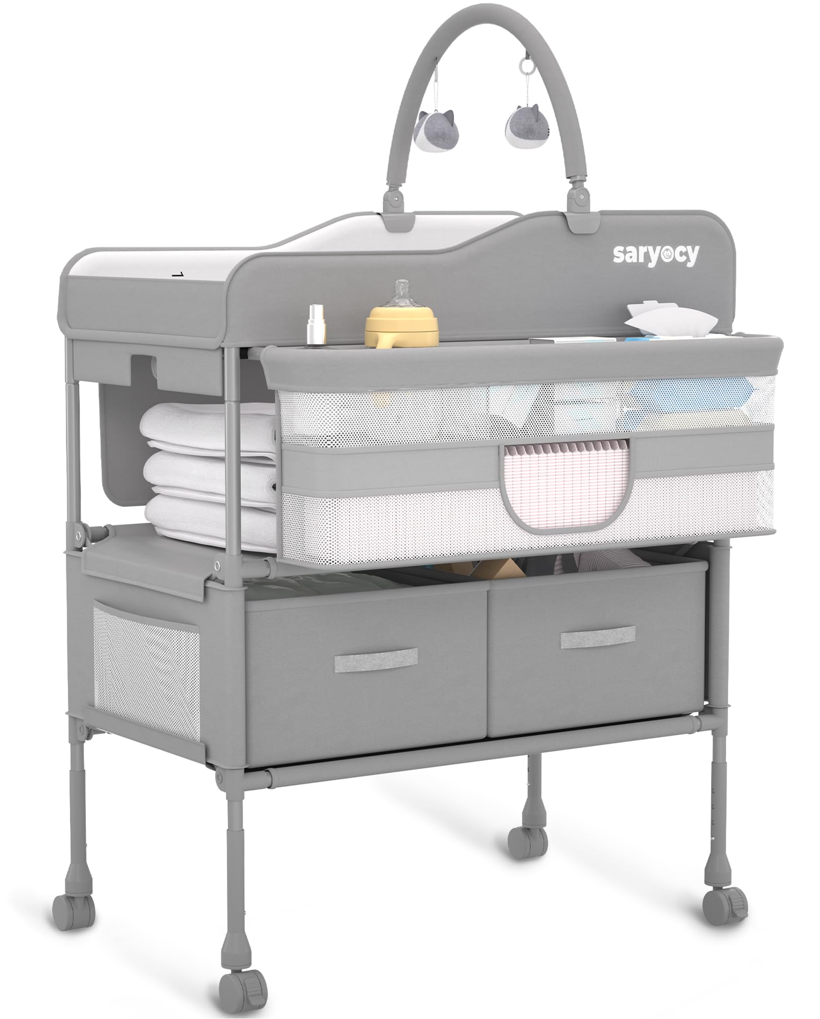 Saryocy Baby Changing Table, Versatile Folding Changing Table, Waterproof Diaper Changing Station, Adjustable Height with 2 Drawers,Baby Changing Station, Mobile Nursery for Infant and Newborn