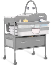 Saryocy Baby Changing Table, Versatile Folding Changing Table, Waterproof Diaper Changing Station, Adjustable Height with 2 Drawers,Baby Changing Station, Mobile Nursery for Infant and Newborn