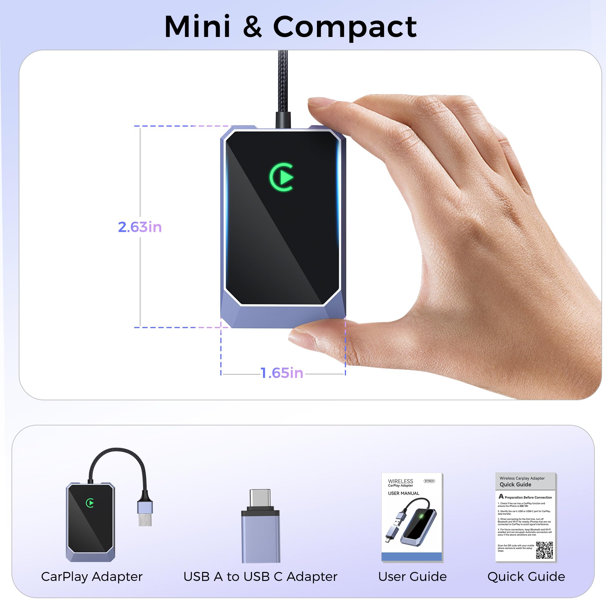 TERUNSOUl Wireless CarPlay Adapter for Apple iPhone, Convert Wired CarPlay to Wireless, Plug-and-Play, Stable Connection Compatible with OEM Wired CarPlay Vehicles & iOS 10+