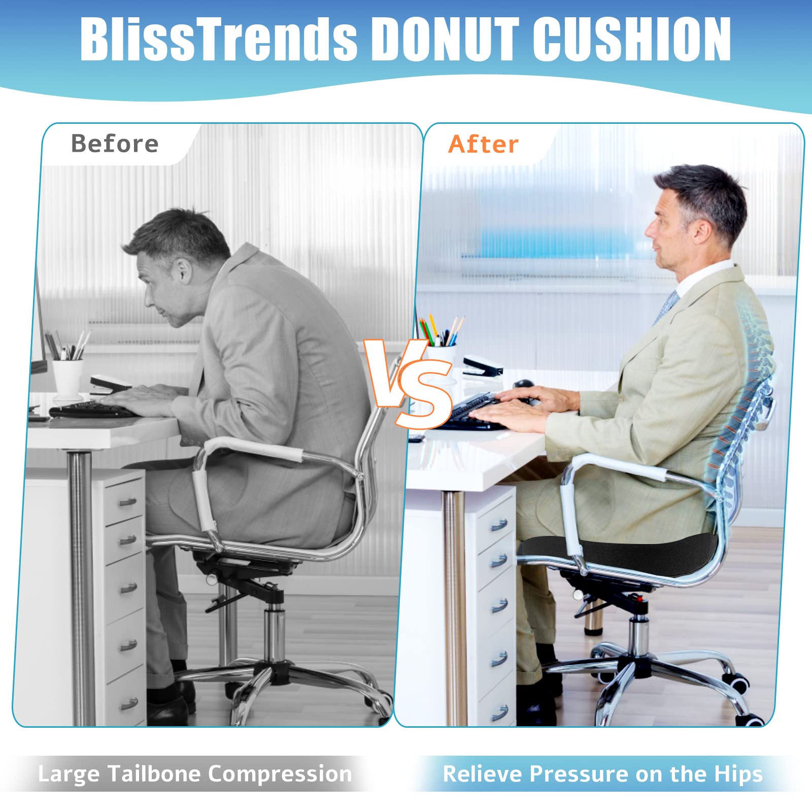 BlissTrends Donut Pillow Seat Cushion,Donut Chair Cushions for Postpartum Pregnancy & Hemorrhoids,Tailbone Pain Relief Cushion,Memory Foam Lifting Cushions for Office&Home Chairs (Black)