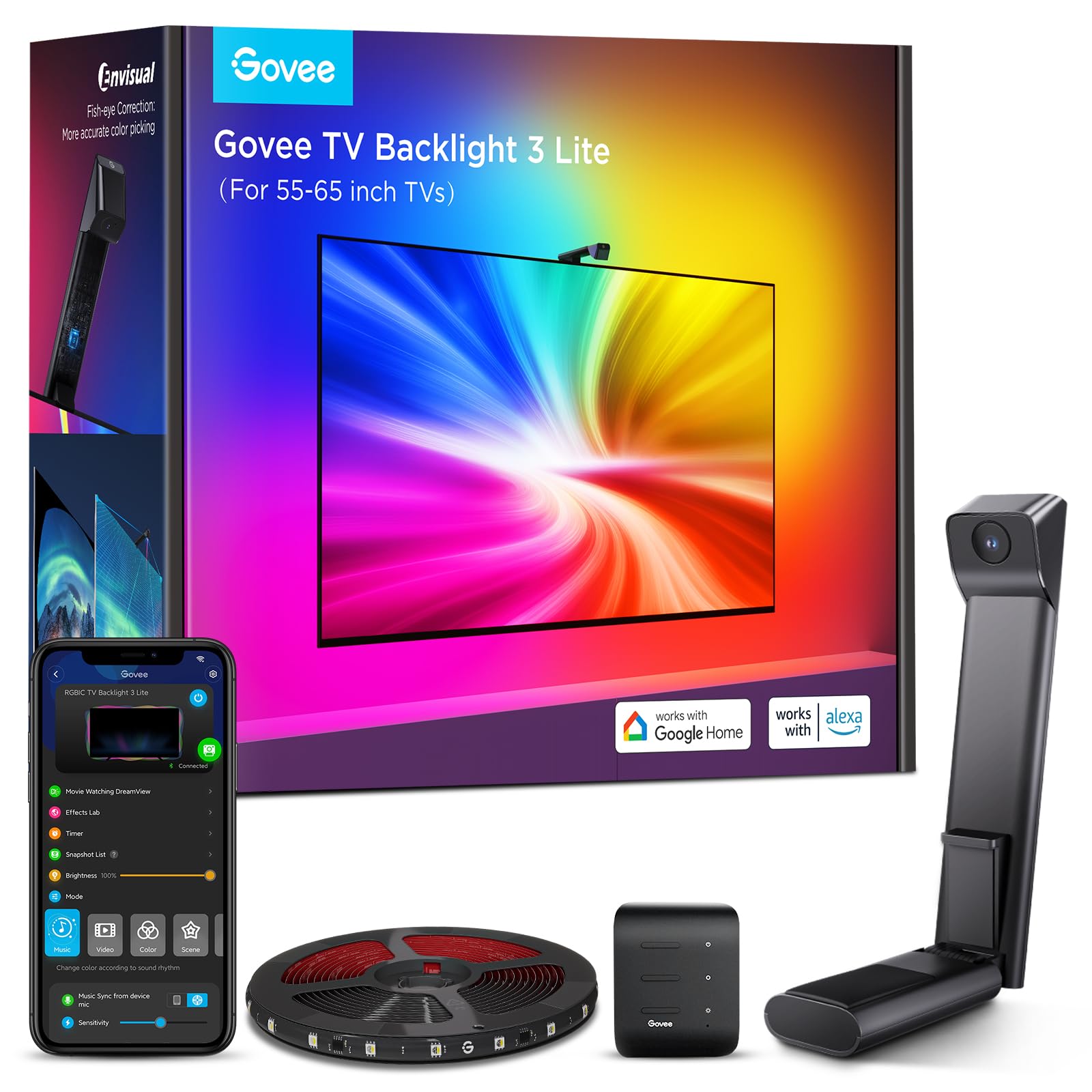 Govee TV Hintergrundbeleuchtung 3 Lite mit Fischaugenkorrekturfunktion Synchronisierung mit 55-65 Zoll Fernsehern, 3,6m RGBICW Wi-Fi LED-Lichtleisten mit Kamera, 4 Farben in 1 Lampenperle, Sprach- und APP-Steuerung, Adapter