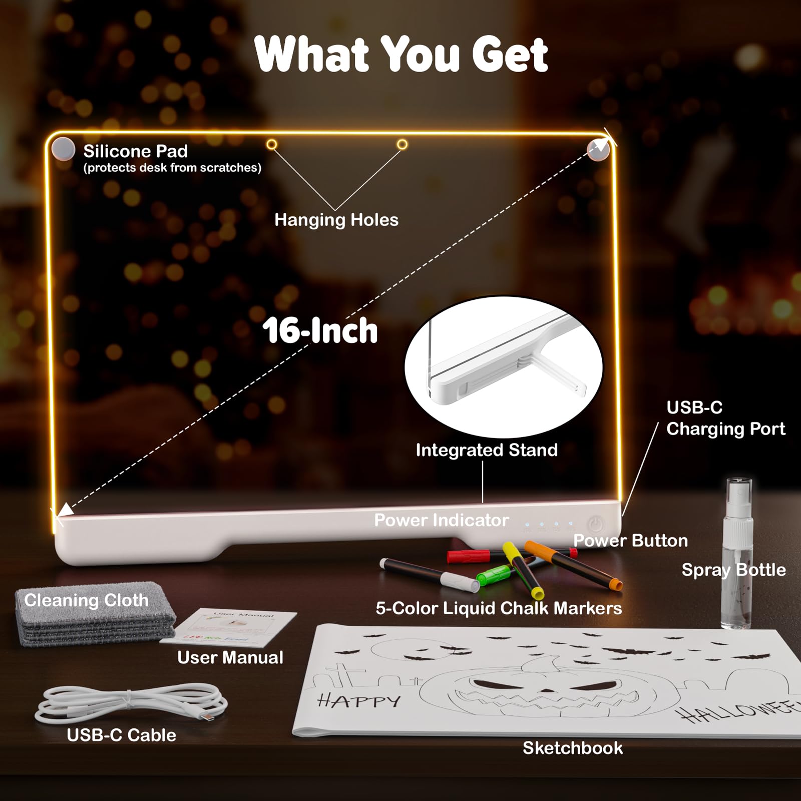 16-Inch Rechargeable Doodle Glow LED Note Board, 7-Color Light Modes, Neon Art Dry Erase Light Up Drawing Pad with Built-in Stand, Sketching Gift Toy for Kids/Girls/Teens, 5 Markers & Tracing Book