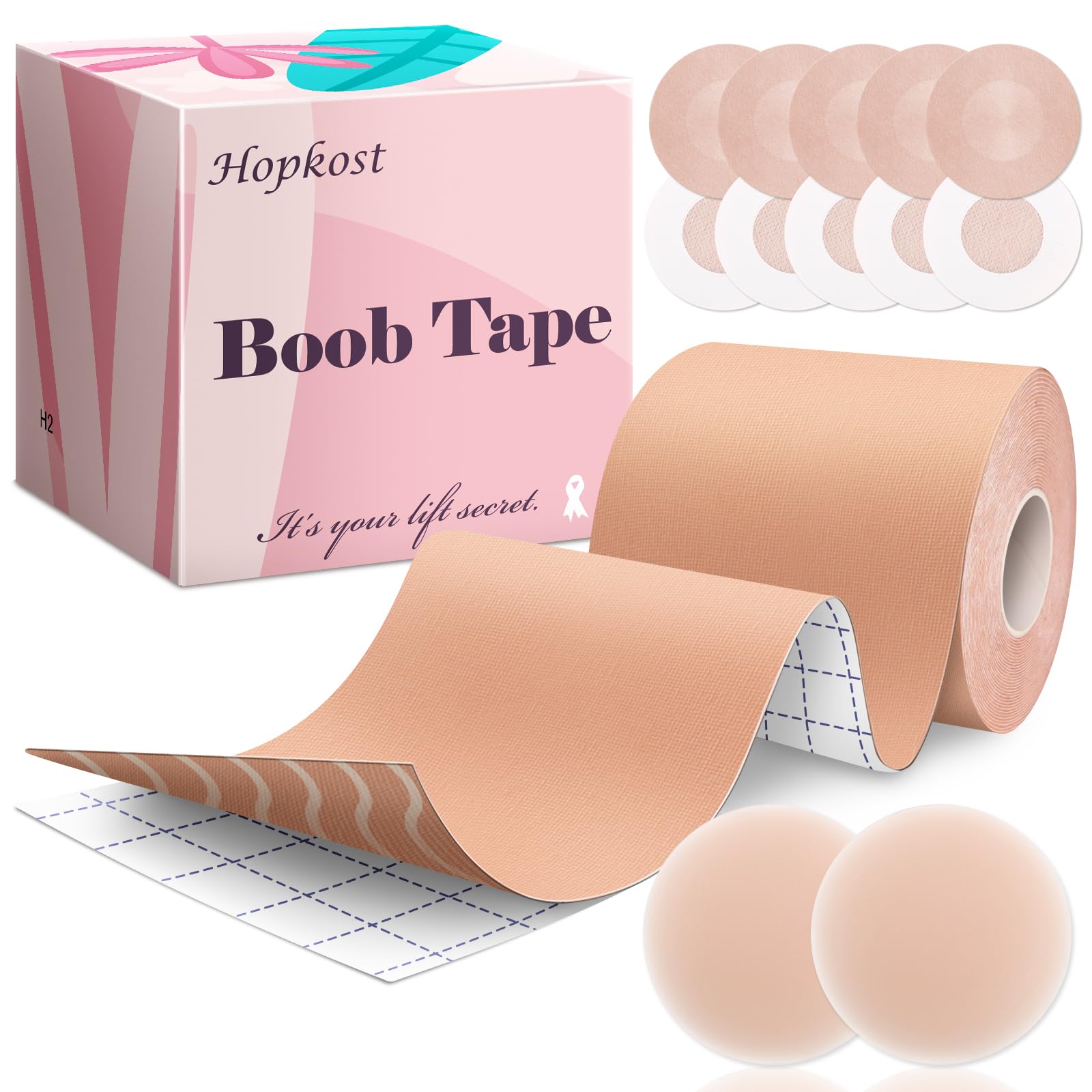 Hopkost Brustklebeband Bruststraffungsband für große Brüste mit 2 Stück Nippelabdeckungen Unsichtbares Boobtape für A-G Körbchen (Beige, 3 Zoll)
