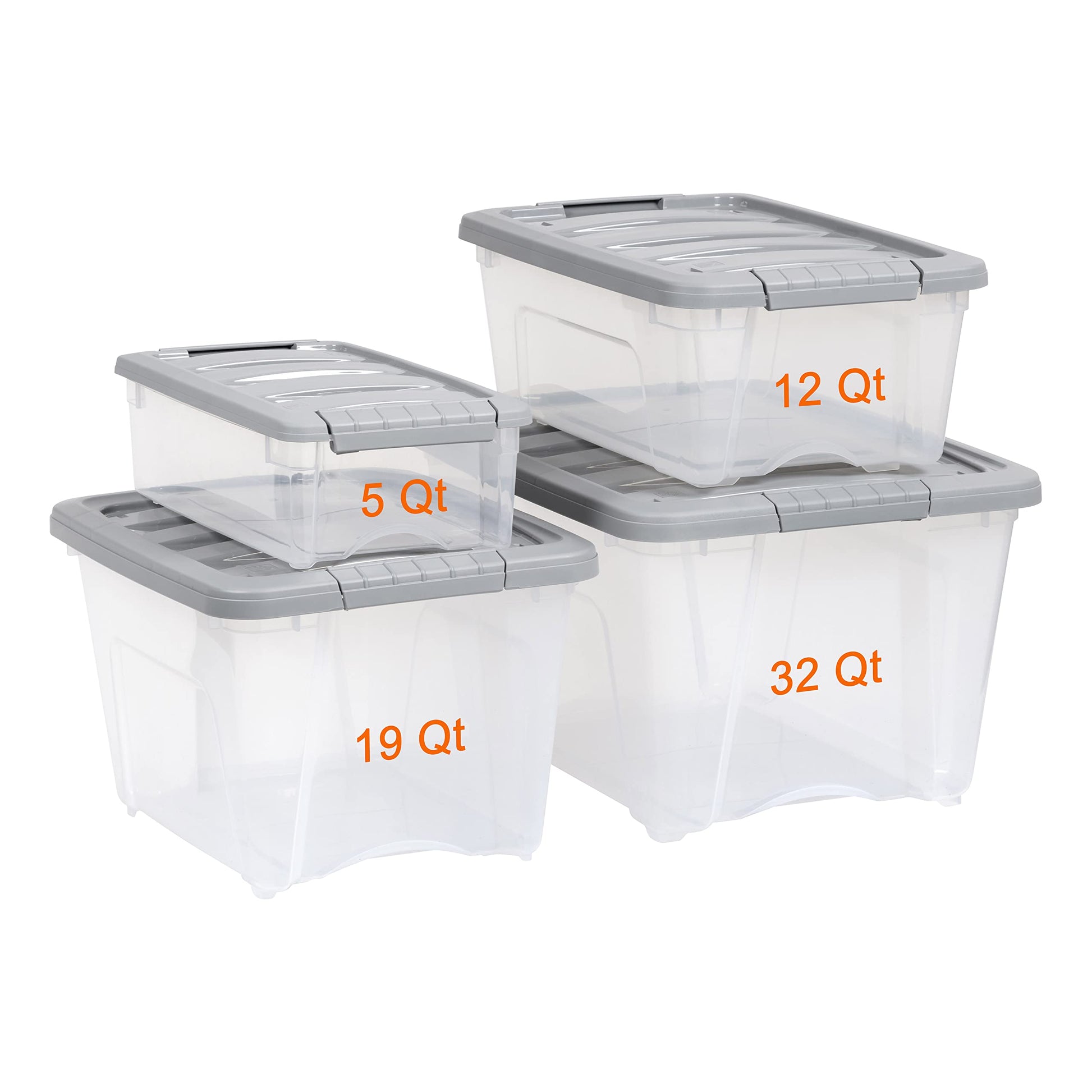 Amazon Basics Plastic Storage Containers with Secure Latching Lids, Stackable Organization Bins, 32 Quart, Set of 6, Clear/Grey