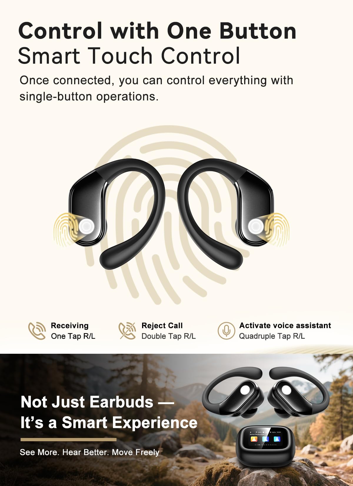 jaddsa Wireless Earbuds, ENC Noise Cancelling Sport Ear Buds with Multifunctional Touch Screen, Bluetooth 5.4 Headphones, Bass Stereo Sound, 5 EQ Over The Ear Earbuds for Sports/Workout/Gym-Black