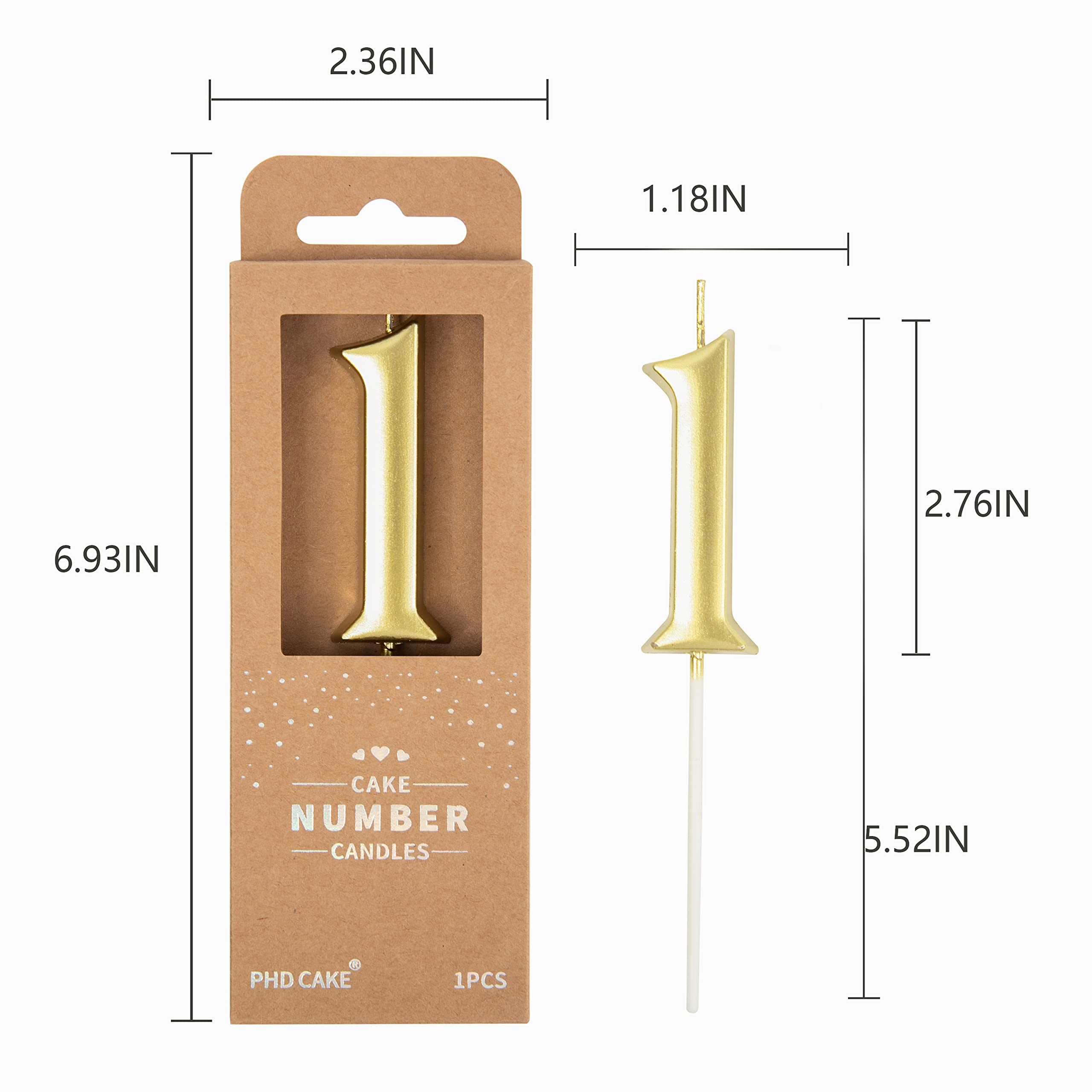 PHD CAKE 2.76 Inch Elegant Gold 1 Number Birthday Candles, Gold Number Candles, Cake Number Candles, Party Celebration