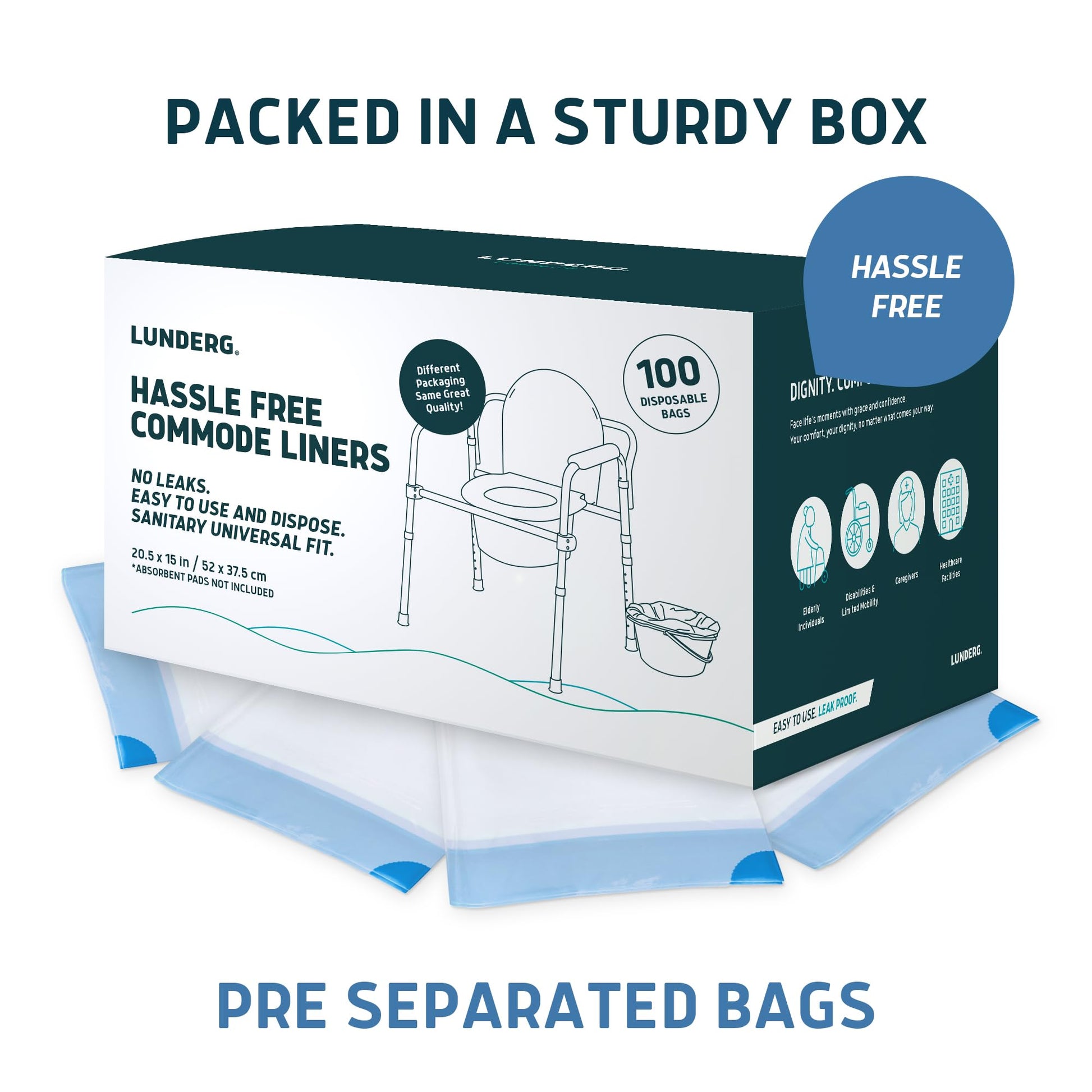 Lunderg Commode Liners - Value Pack 100 Count Universal Fit - Medical Grade Bedside Liners Disposable for Adult Commode Chair, Portable or Camping Toilet Bags
