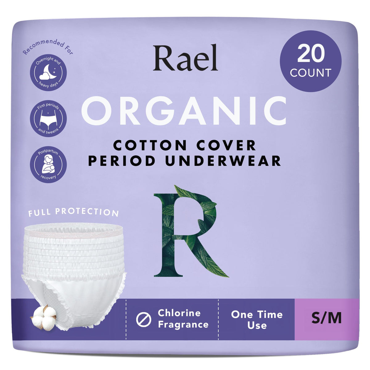 Rael Einwegunterwäsche für Damen, Bezug aus Bio-Baumwolle – Wochenbett-Essentials, Auslaufschutz, unparfümiert, maximale Abdeckung (Größe S-M, 20 Stück)