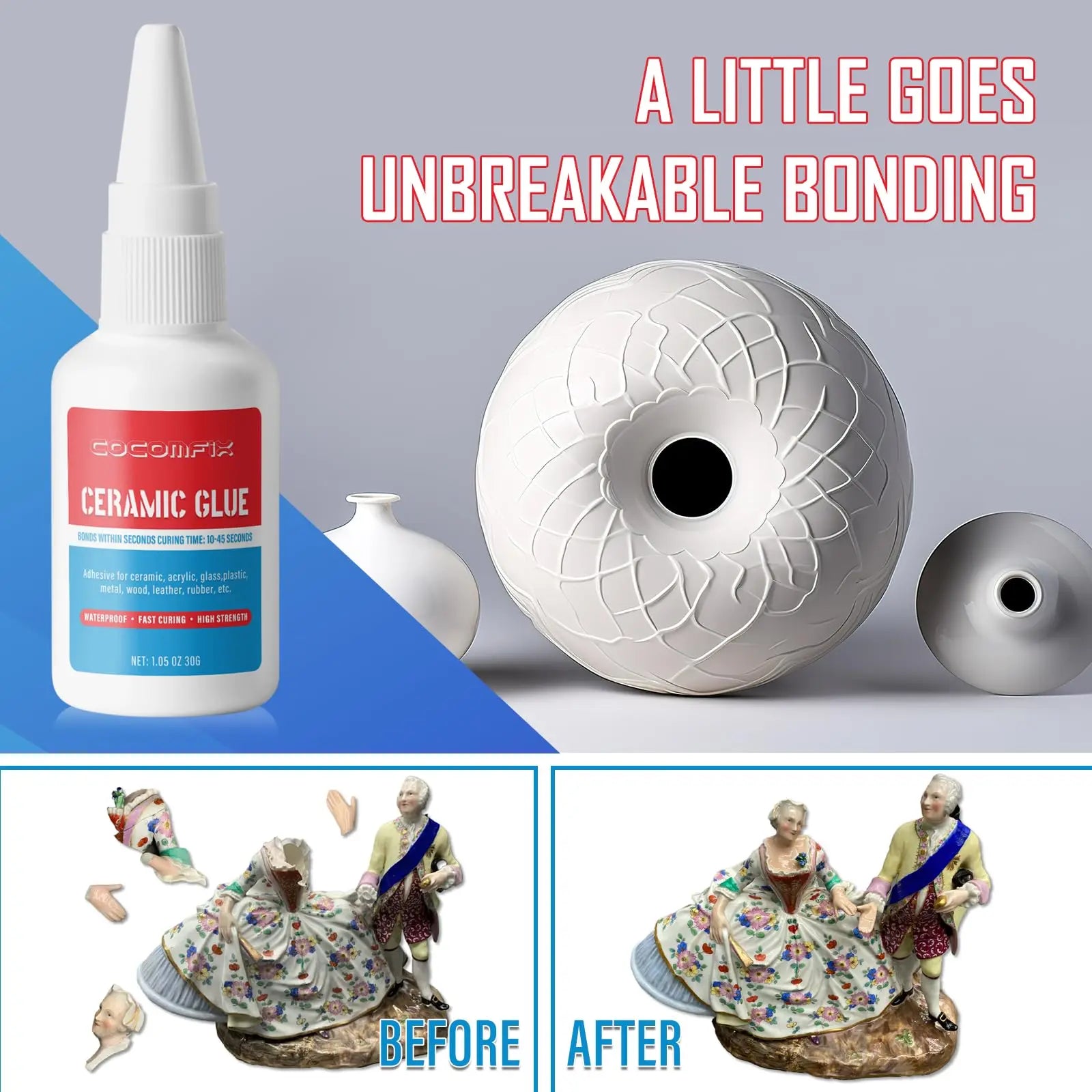 Waterproof Ceramic Glue - 30g CA Glue for Pottery & Porcelain Repair, High Temperature Resistant, No Smell After Cure and Food Grade Material