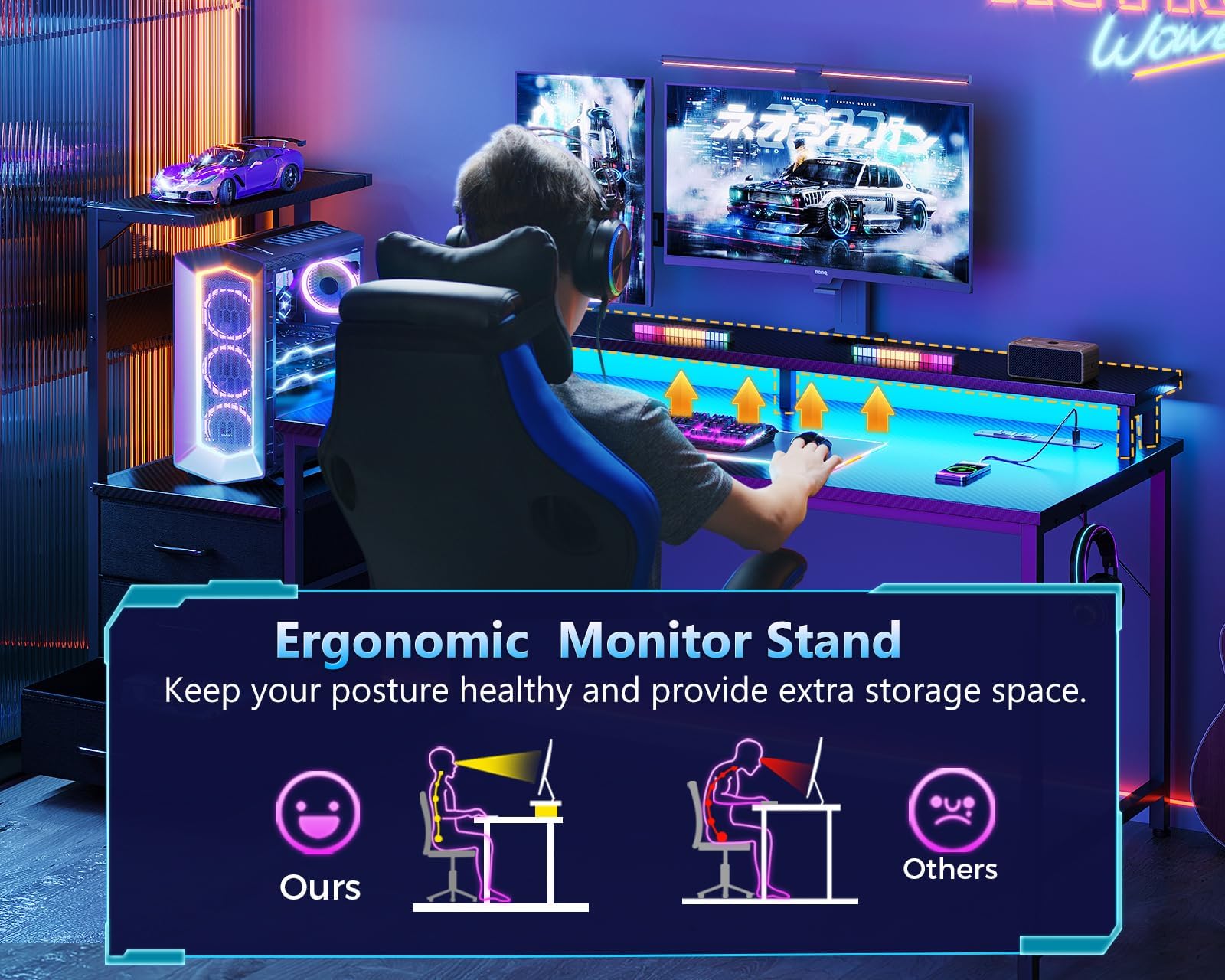AODK 59 Inch Gaming Desk with USB Charging Ports & LED Light- Reversible Computer Desk with Storage Shelves & Monitor Stand, Modern Gamer Desk Table with Fabric Drawers & Side Hook, Carbon Fiber Black
