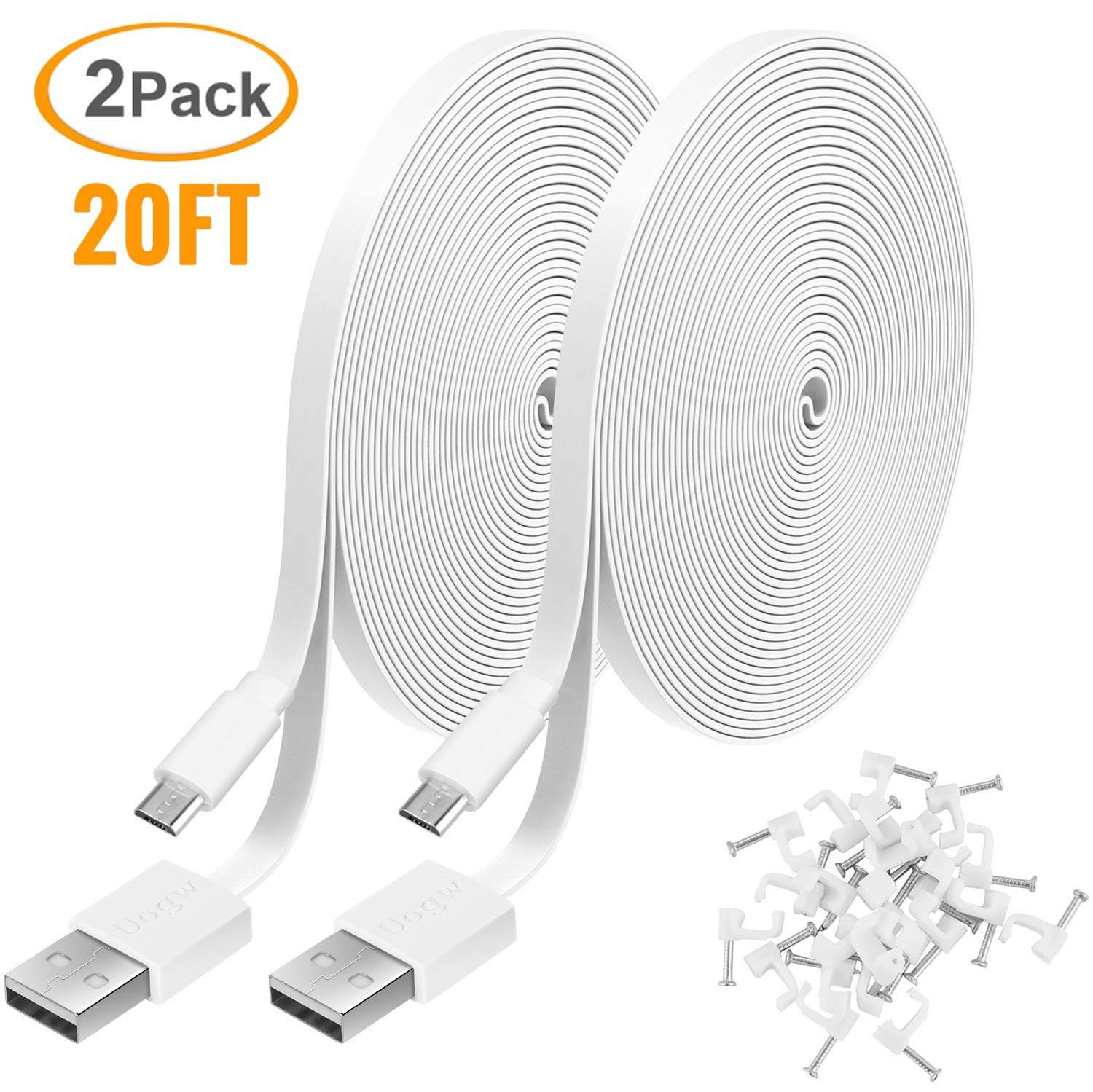 2 Pack 20FT Power Extension Cable Compatible with Wyze Cam V4,Wyze Cam v3,Wyze Cam Pan,WYZE Cam OG,NestCam Indoor,Blink,Amazon Cloud Camera,USB to Micro USB Durable Charging and Data Sync Cord(White)