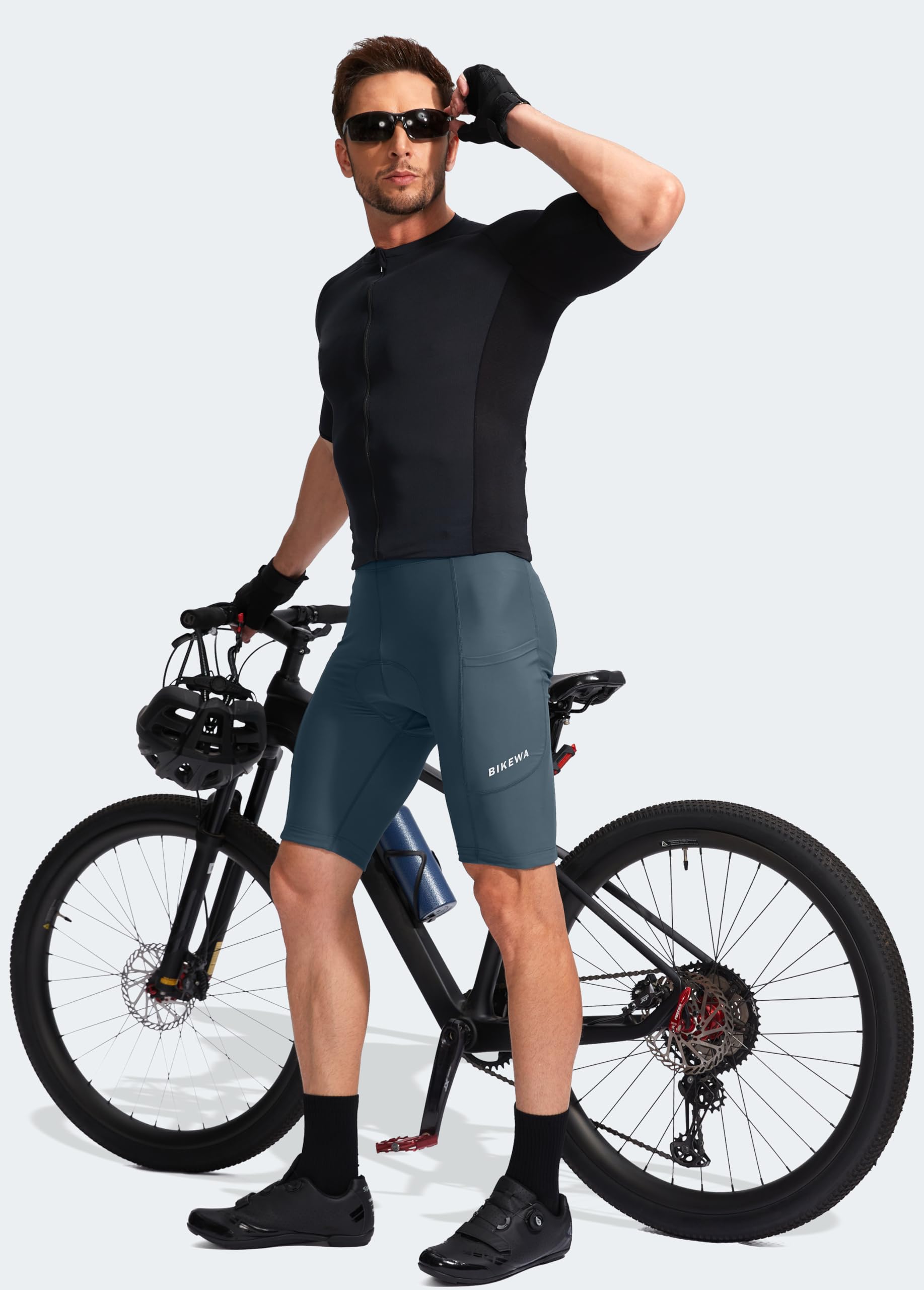 Men's Bike Shorts 3D Padded Cycling Road Biking Underwear Mountain Riding Biker Bicycle UPF 50+ Cycle Shorts Zipper Pockets(Blue Grey,L)