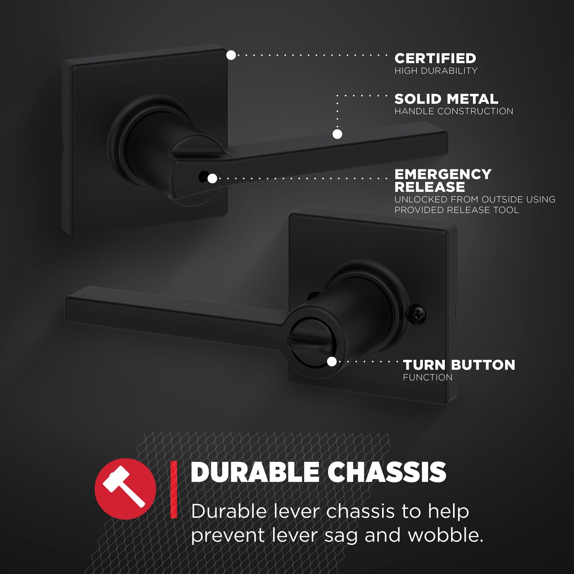 Kwikset Casey Interior Privacy Door Handle with Lock, Door Lever For Bathroom and Bedroom, Matte Black Reversible Keyless Turn Lock, with Microban Protection