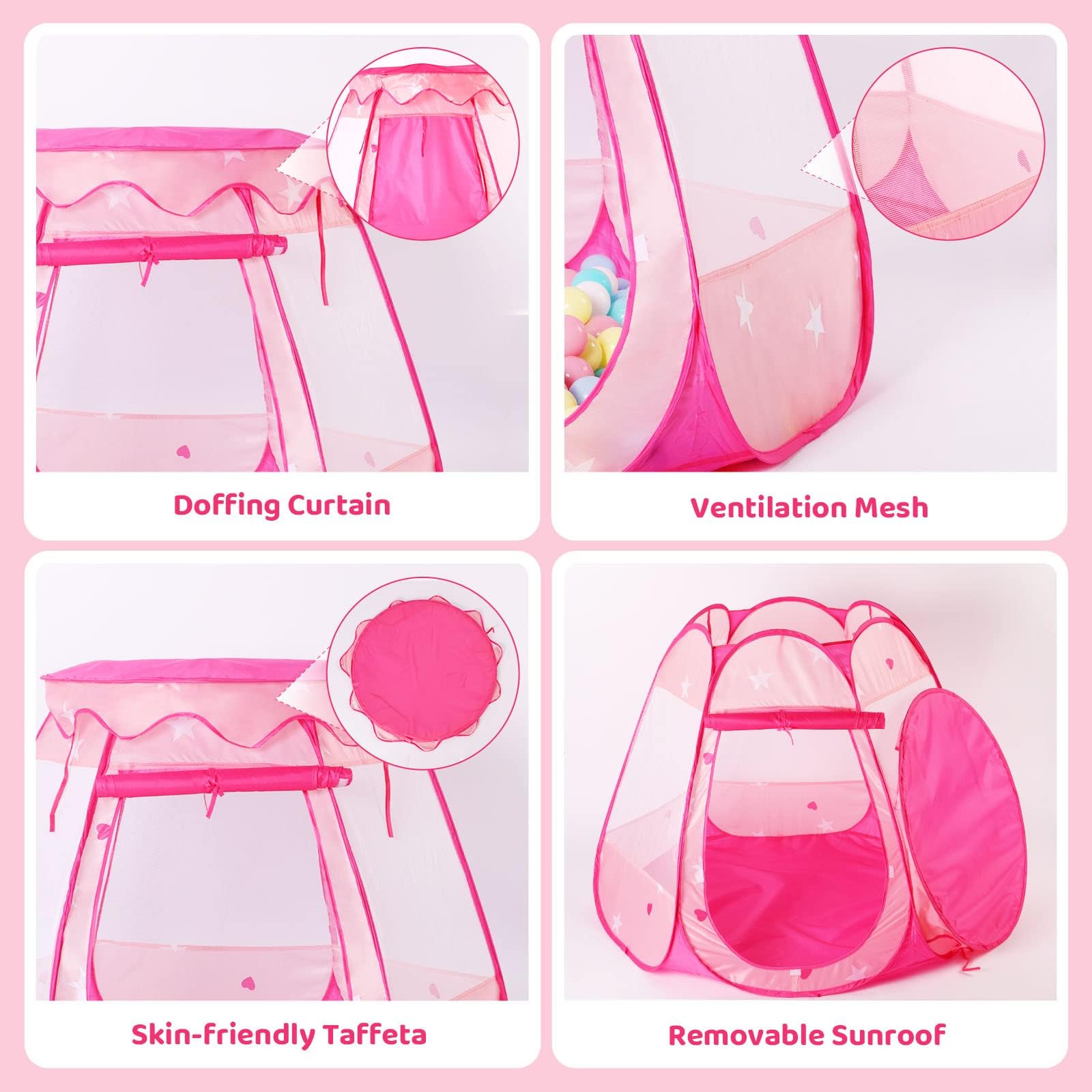 Pop Up Princess Tent with Colorful Star Lights for 1 2 3 Year Old Birthday Gift, 12-18 Months Baby Girl Toys, Foldable Ball Pit with Carrying Bag, Indoor&Outdoor Play Tent for Kids