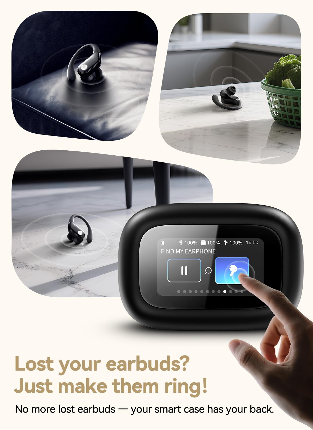 jaddsa Wireless Earbuds, ENC Noise Cancelling Sport Ear Buds with Multifunctional Touch Screen, Bluetooth 5.4 Headphones, Bass Stereo Sound, 5 EQ Over The Ear Earbuds for Sports/Workout/Gym-Black