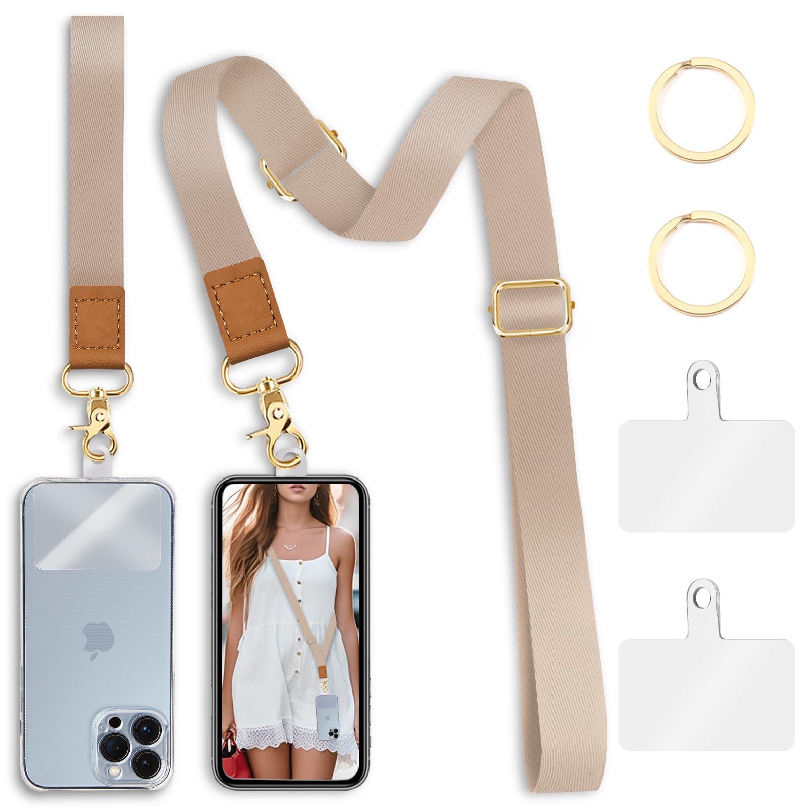 Yonlevres Phone Lanyard Crossbody Strap, Beige Cell Phone Lanyards for around the Neck Wristlet Wrist Strap Solid Color Adjustable for Keys Case Accessories Travel Essentials
