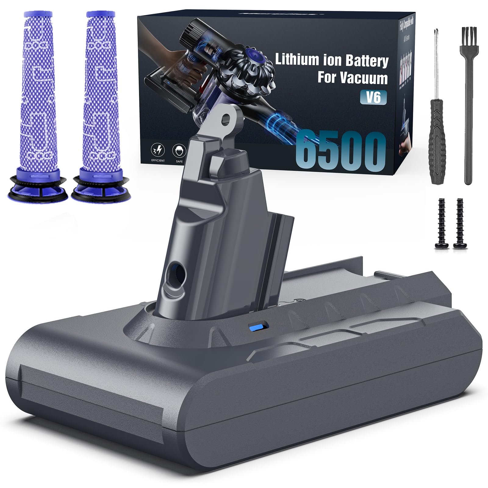 Battery Replacement for Dyson V6, 6500mAh Li-ion Battery Compatible with V6 Animal V6 Absolute V6 Motorhead V6 Fluffy SV03 SV04 SV05 SV06 SV07 SV09 DC58 DC59 DC61 DC62 DC72 DC74 Vacuum Cleaner
