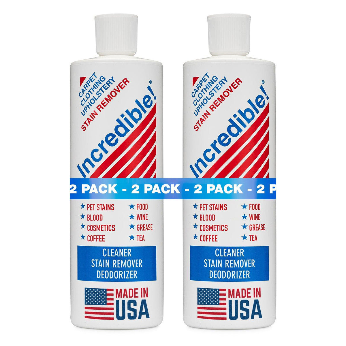 INCREDIBLE! Stain Remover - Instant Spot Remover For New and Old Stains - Blood, Red Wine, Coffee, Urine, Cosmetics, Pet Stains and Odor Eliminator - Carpets, Mattress, Laundry, 16.oz (2 Pack)