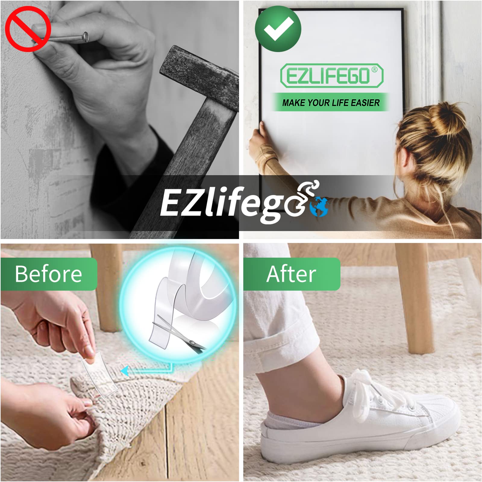 EZlifego Double Sided Tape Heavy Duty(Extra Large, Pack of 2, Total 396 Inch), Nano Double Sided Adhesive Tape, Clear Mounting Tape Picture Hanging Strips, Removable Wall Tape Sticky Poster Tape Decor