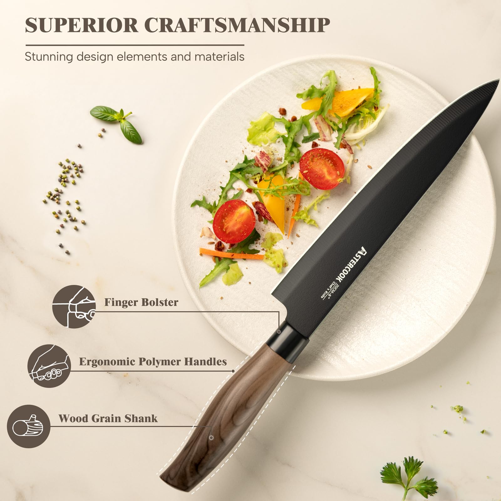 Astercook 6 Piece Black Kitchen Knife Set, Non-stick Stainless Steel Knife Block Set, Anti-Rust Dishwasher Safe Knife Set with Block