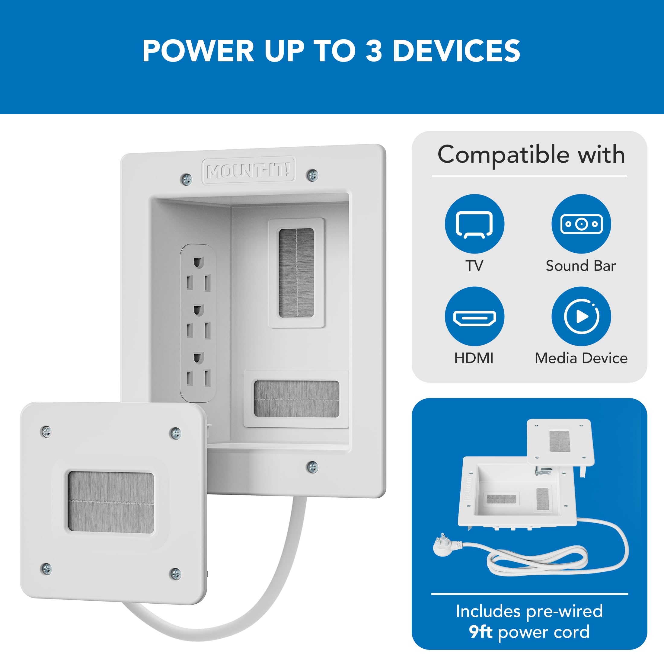 Mount-It! in-Wall TV Cable Concealer Kit with Recessed Power – Triple Outlet, 9ft Cord, and Hand Saw – Easy, Safe Cable Management for Organized TV and Home Theater Setups