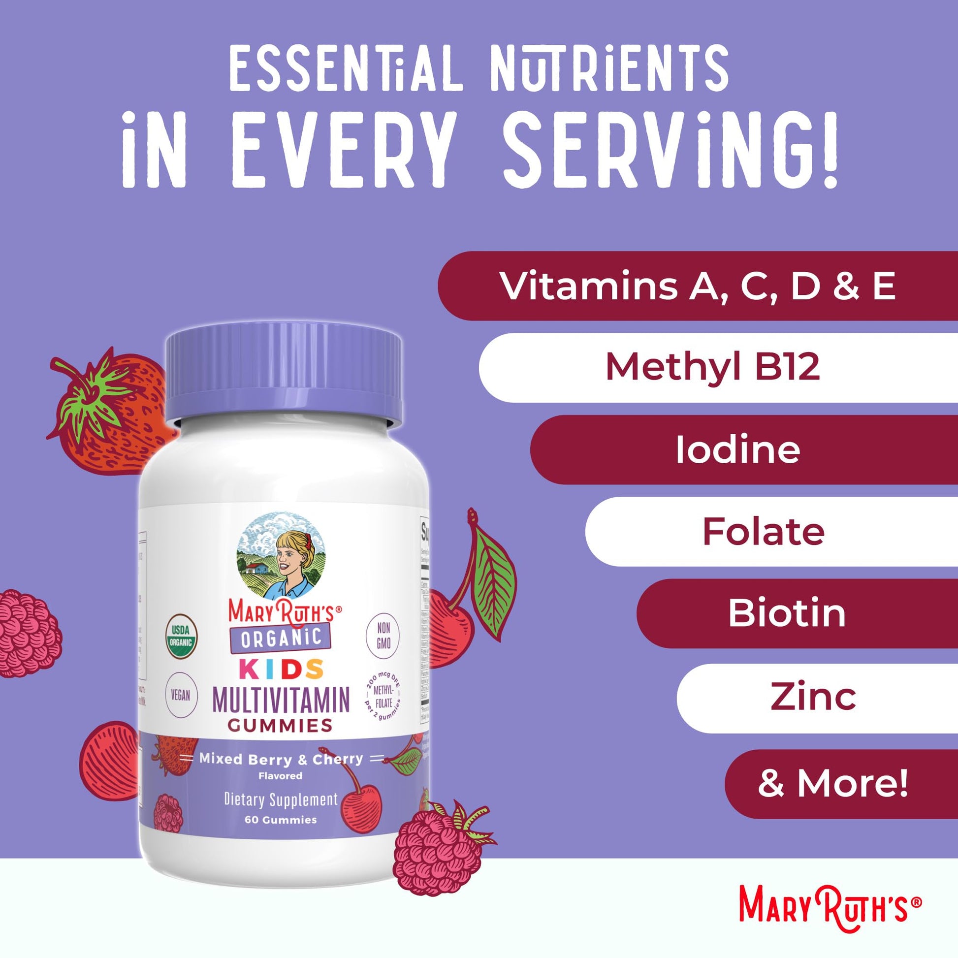 MaryRuth Organics Kids Vitamins | Multi | 1 Month Supply | Multivitamin Gummies for Ages 4+ | Multivitamin for Kids | Vegan | Only 2 Gummies a Day | 60 Count