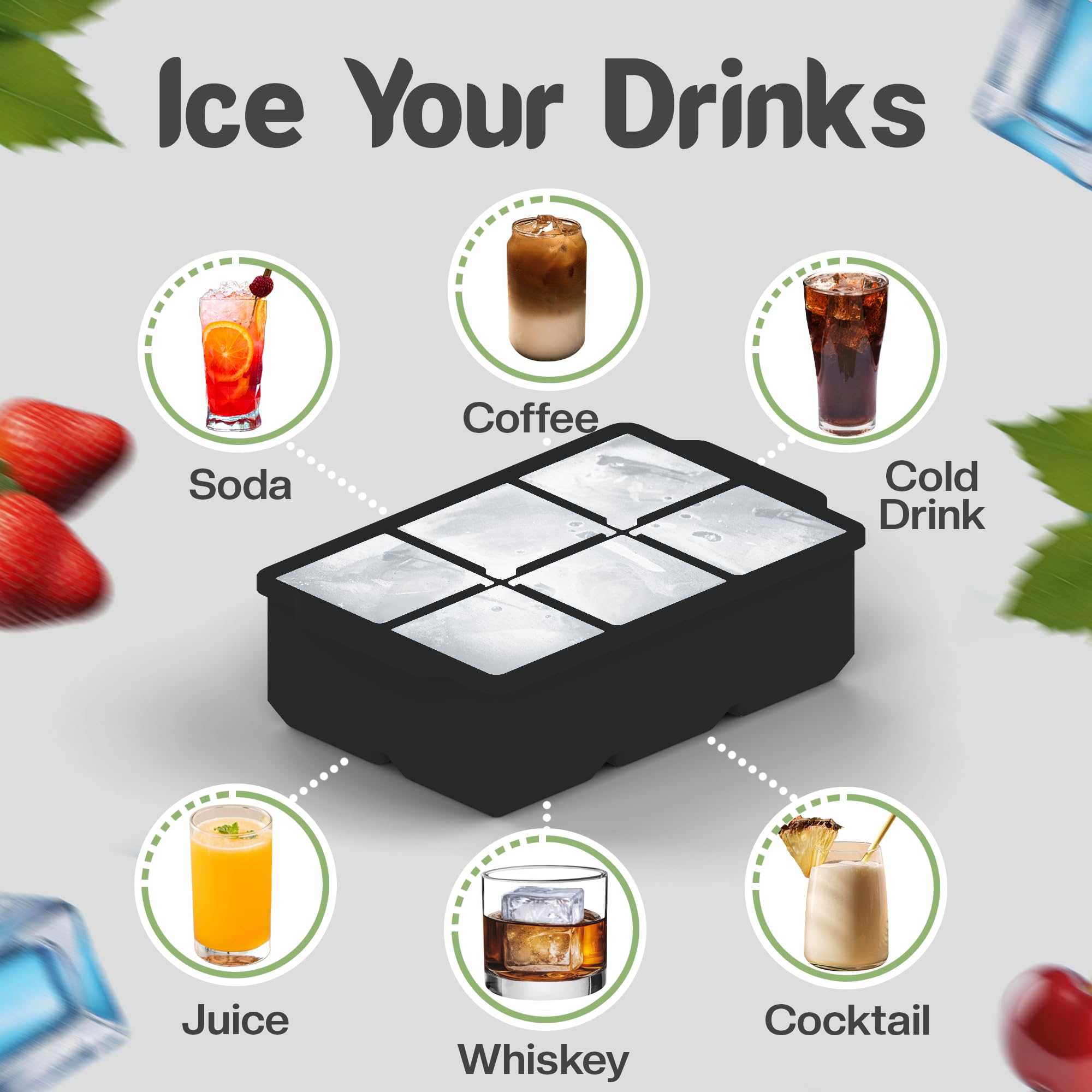 KitchFort Large Silicone Ice Cube Tray (2-Pack), Easy Release 2" Big Ice Cubes - Cocktail, Whiskey Ice Cubes Mold - BPA Free Ice Trays for Freezer - Ice Tray With Stackable Lid - Black