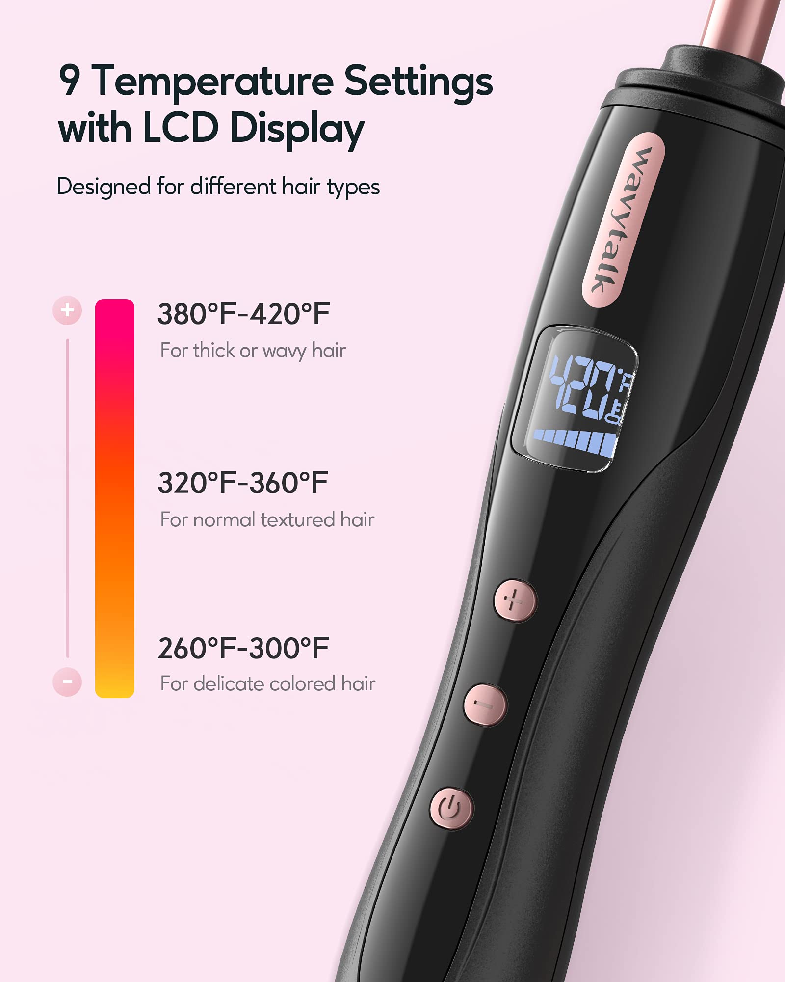 Wavytalk 3/8 Inch Small Curling Iron Wand for Short & Long Hair, Ceramic Barrel with Adjustable Temperature, Heat Resistant Glove Included (Rose Pink)