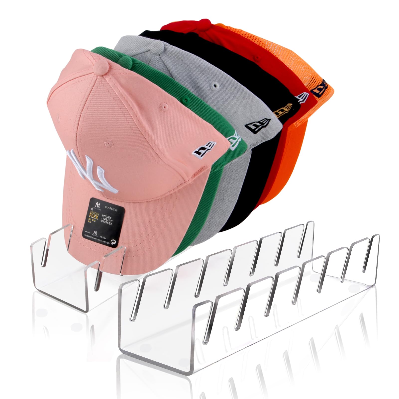 Hutständer für Baseballmützen, 2er-Pack, kein Einbau erforderlich, Acryl-Hut-Organizer für 14 Baseballmützen, Hutregale, Huthalter, Display und Organisation für Schrank, Schlafzimmer, Kommode (Klar-2er-Pack)