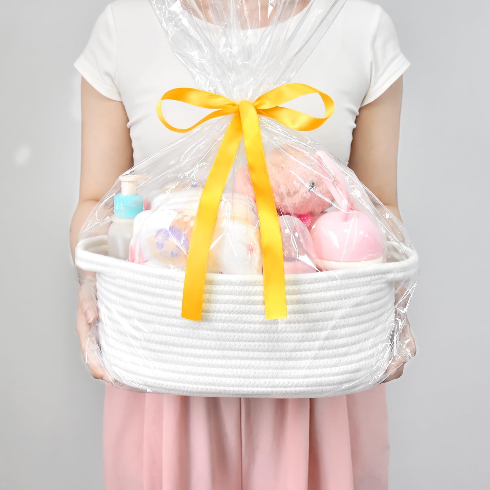 ABenkle Small Basket with Gift Bags and Ribbons, Empty Gift Baskets, Decorative Boho Rope Woven Nursery Storage Organizer Toy Baskets with Handle for Baby Showers, 12"X 8" X 5"