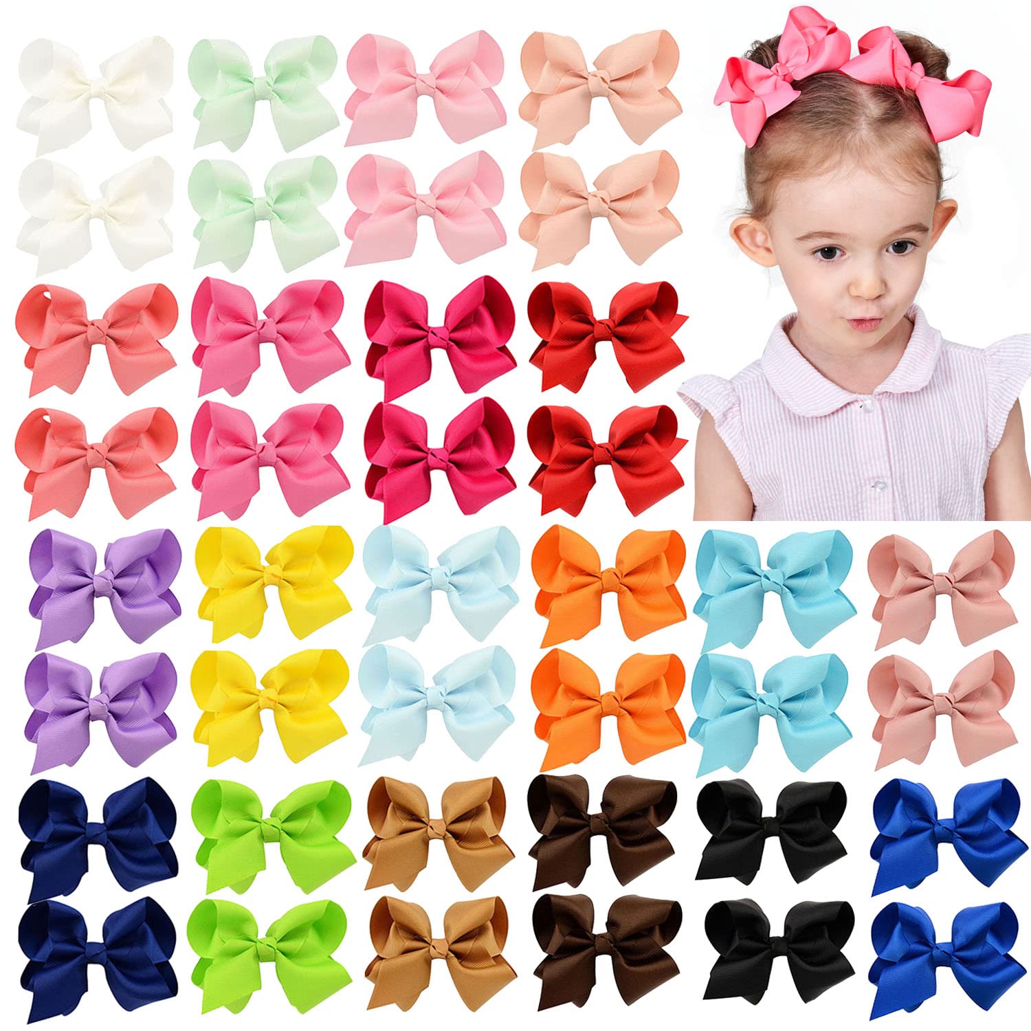 40 Stück 4,5 Zoll Haarschleifen für Mädchen, Grosgrain-Band-Haaraccessoires für Kleinkinder mit Alligatorclips für Kleinkinder, Baby-Mädchen, Kinder, Teenager, paarweise